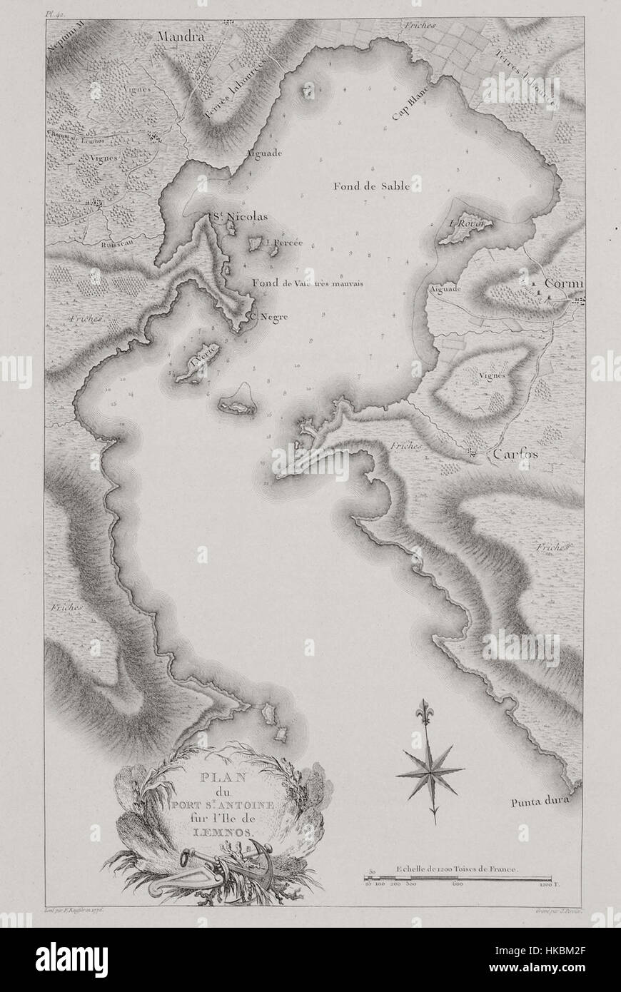 Questa mappa del 1782 di Gabriel Florent Auguste De Choiseul Gouffier raffigura il porto di Saint Antoine sull'isola di Lemnos, in Grecia. La mappa evidenzia le caratteristiche geografiche e il significato navale della regione durante il XVIII secolo. Foto Stock