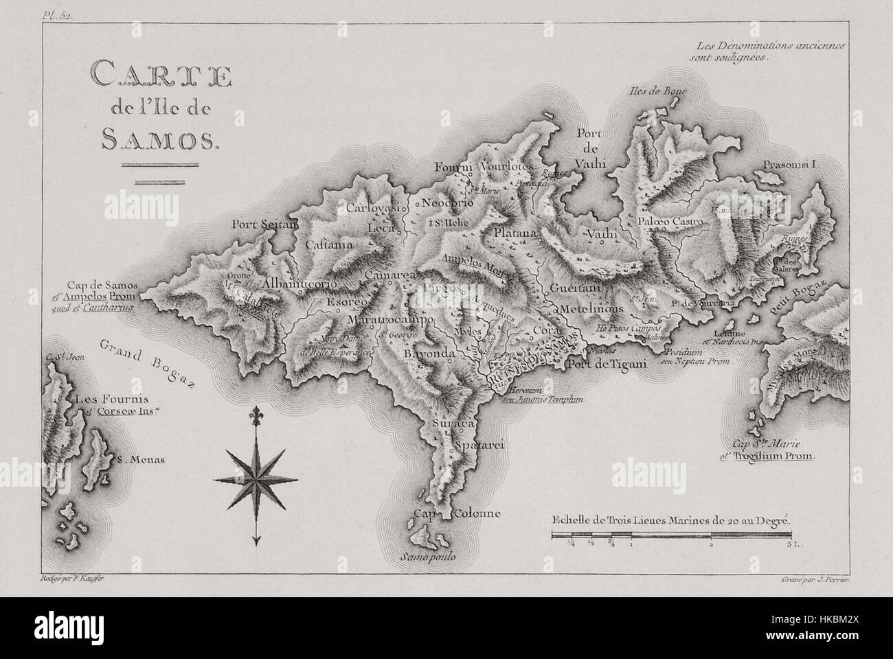 La mappa del 1782 dell'isola di Samo, creata da Gabriel Florent Auguste de Choiseul Gouffier, fornisce una dettagliata rappresentazione cartografica di quest'isola greca. Presenta caratteristiche geografiche e insediamenti durante il XVIII secolo. Foto Stock