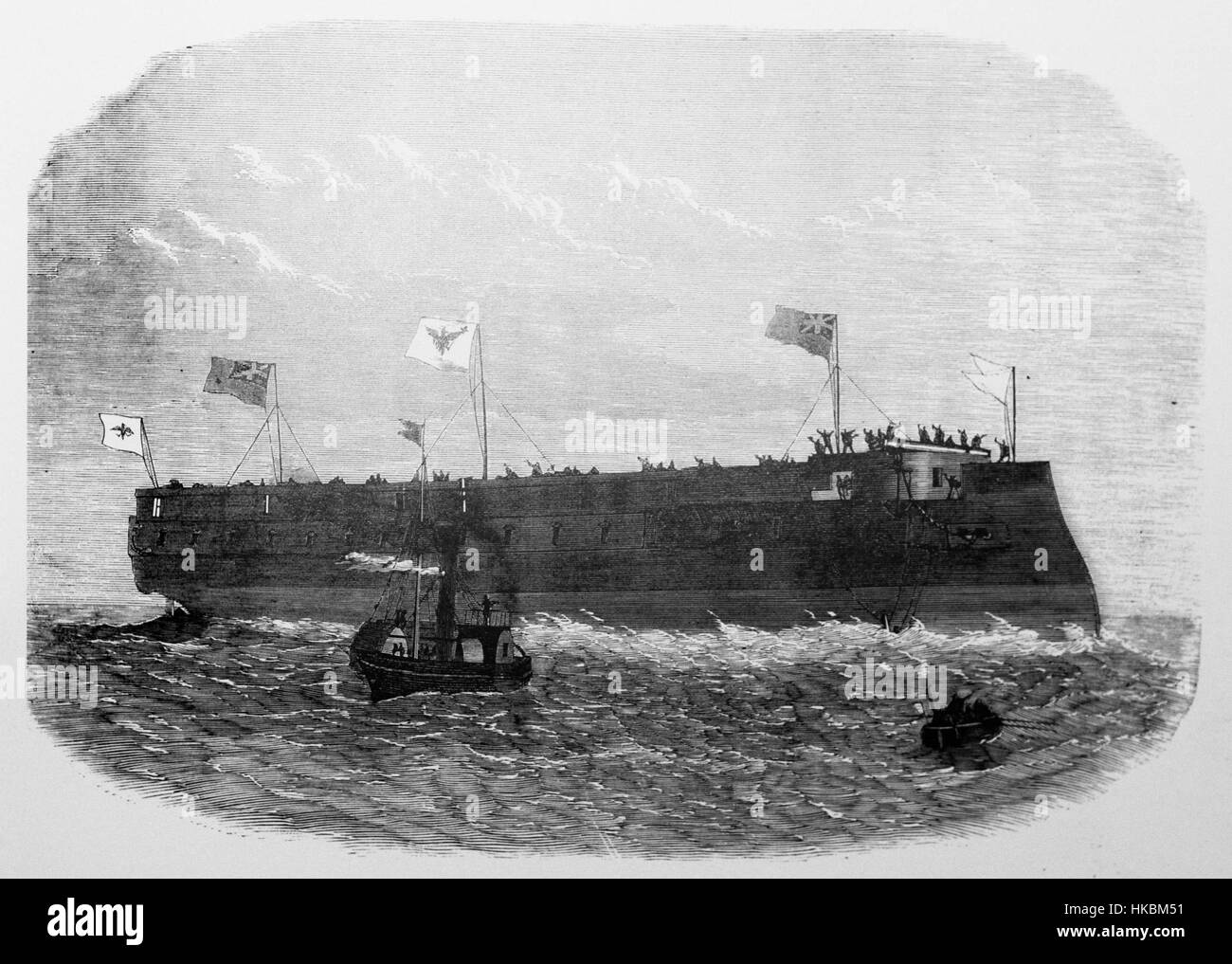 Questa illustrazione del 1867 mostra la Panzerfregatte Kronprinz dopo il suo lancio sul Tamigi. La Panzerfregatte faceva parte della marina prussiana ed era significativa per la sua costruzione corazzata, segnando un importante progresso nella guerra navale durante il XIX secolo. Foto Stock