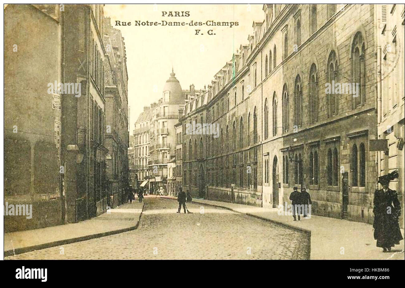 Questa opera d'arte raffigura una vista dell'incrocio tra Rue NDDC e Rue Vavin a Parigi, catturando l'essenza della vita urbana. Il pezzo offre uno sguardo sulle strade di Parigi, con la sua miscela unica di caratteristiche architettoniche e l'atmosfera vivace della città. Foto Stock