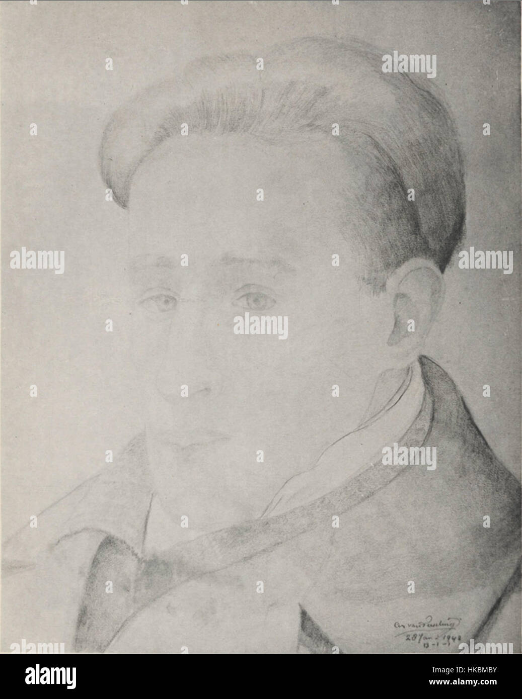 Zelfportret 28 januari 1942 è un autoritratto dell'artista olandese Cor van Teeseling (1915-1942). Creato il 28 gennaio 1942, questo dipinto offre uno sguardo toccante sulla personalità dell'artista durante un periodo tumultuoso. Il lavoro di Van Teeseling è noto per la sua profondità emotiva e il contesto storico. Foto Stock