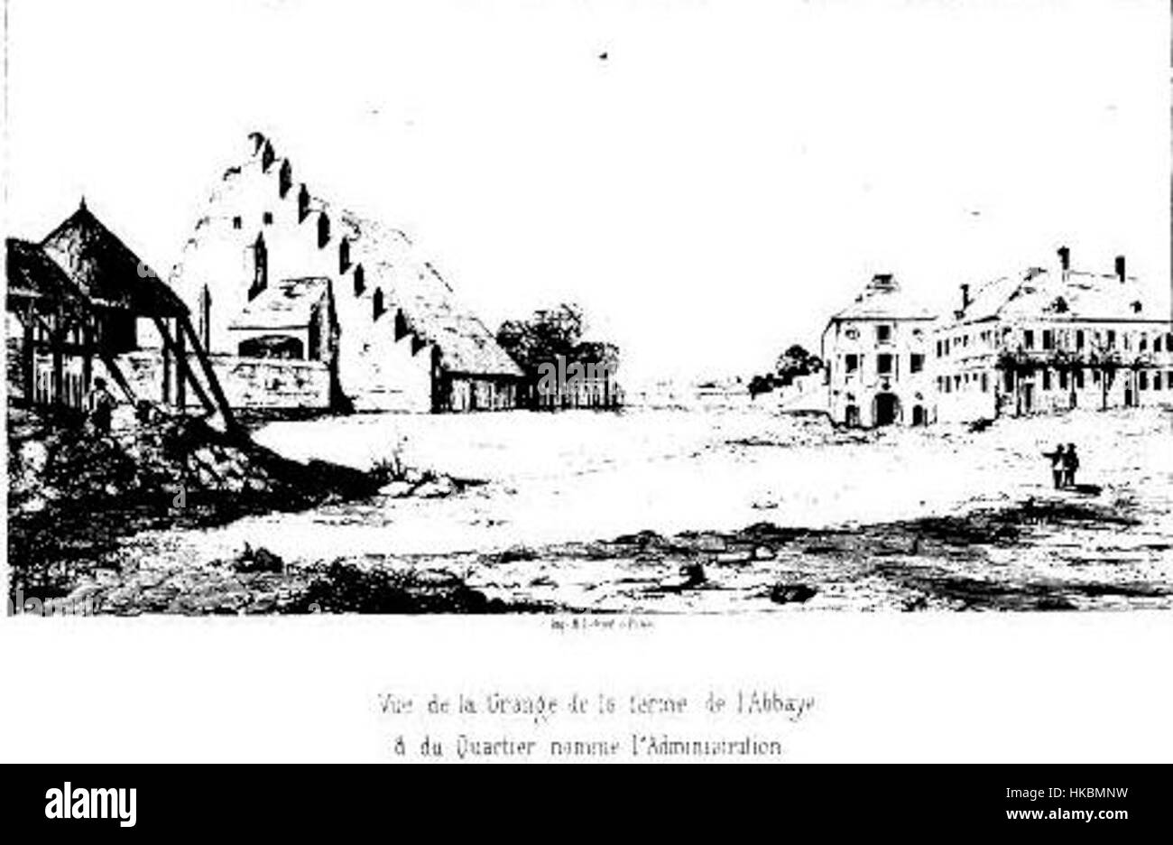 Questo dipinto ad olio raffigura Mont Saint Eloy, concentrandosi specificamente sul fienile e sul distretto amministrativo dell'abbazia. L'opera fornisce un'istantanea storica dell'architettura francese e della vita monastica, mostrando la bellezza rurale e il patrimonio culturale della regione. Foto Stock