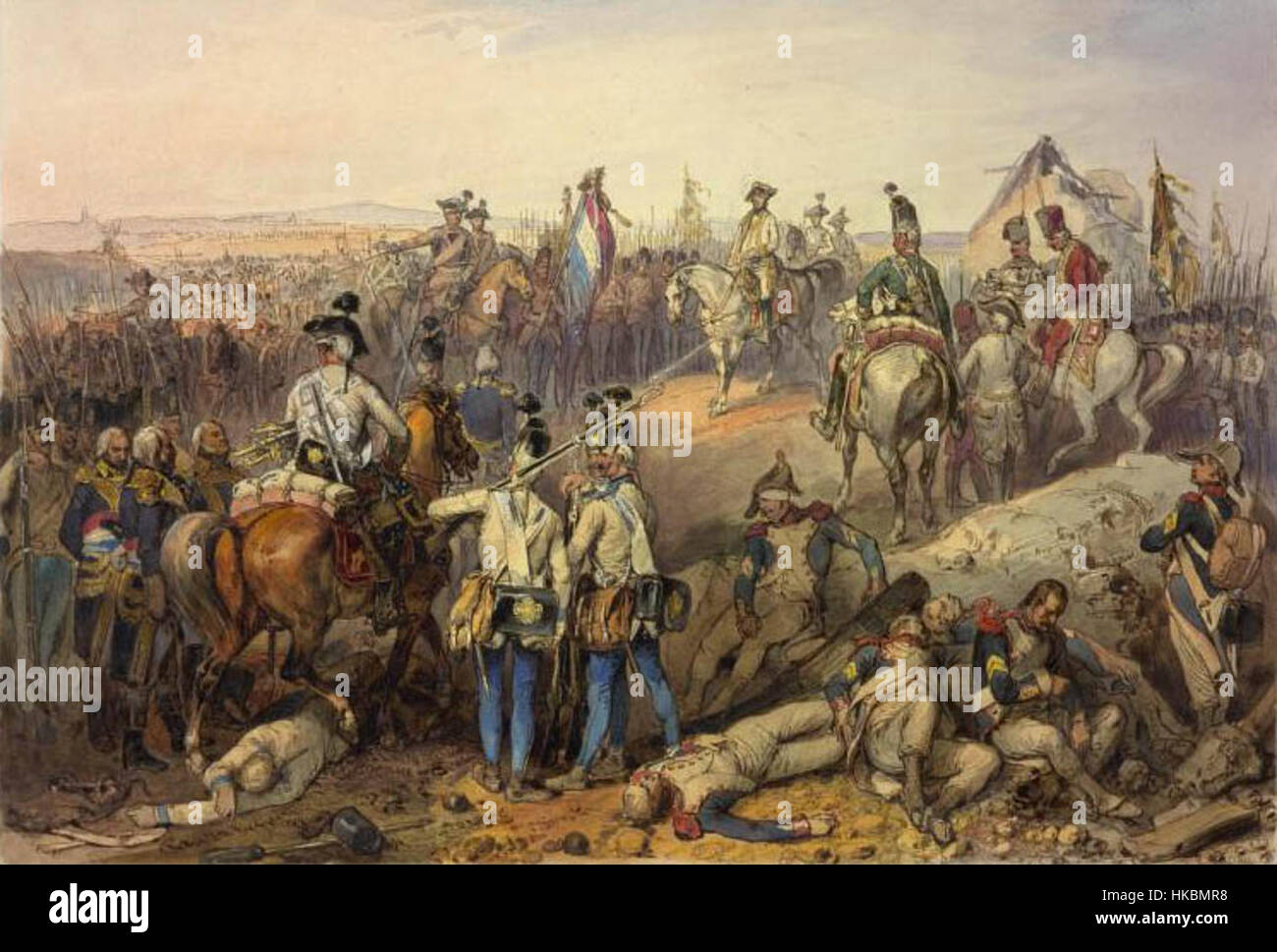 La battaglia di Neerwinden (1793) fu un evento significativo durante le guerre rivoluzionarie francesi, dove le forze austriache sconfissero i francesi. Questo dipinto commemora lo scontro, evidenziando la strategia militare e l'importanza storica della battaglia. Foto Stock