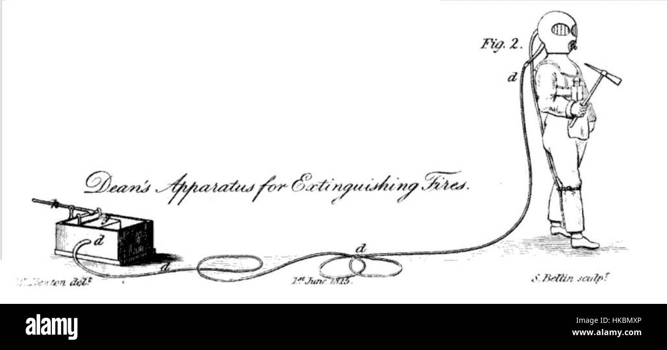 L'apparecchio Dean, un dispositivo antincendio precoce del 1825, ha avuto un ruolo nella storia dei vigili del fuoco, come mostrato in un'illustrazione storica di questa antica tecnologia di estinzione degli incendi. Foto Stock