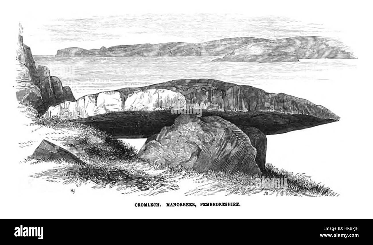 La "Cromlech Manobeer" nel Pembrokeshire, come raffigurato in "Archaeologia Cambrensis", è un sito megalitico preistorico. L'illustrazione mette in evidenza le strutture in pietra e il loro significato storico nelle isole britanniche. Foto Stock