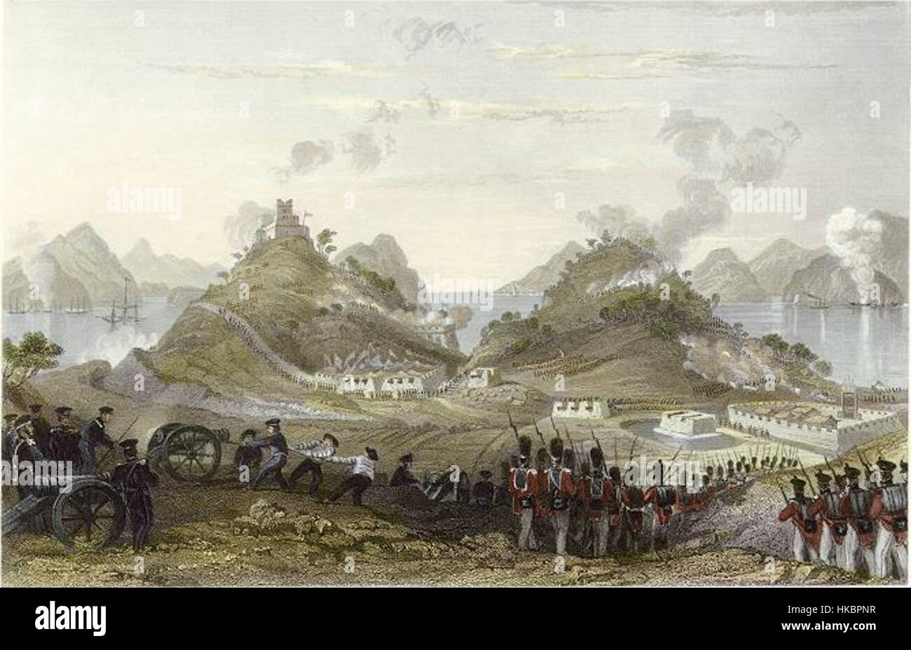 Un'opera d'arte intitolata "Attack and capture of Chuenpee 2", raffigurante una significativa scena storica di battaglia. Il dipinto cattura l'intensità e il dramma dell'evento, concentrandosi sugli aspetti militari della cattura, comprese le armi, la strategia e le figure coinvolte. Foto Stock