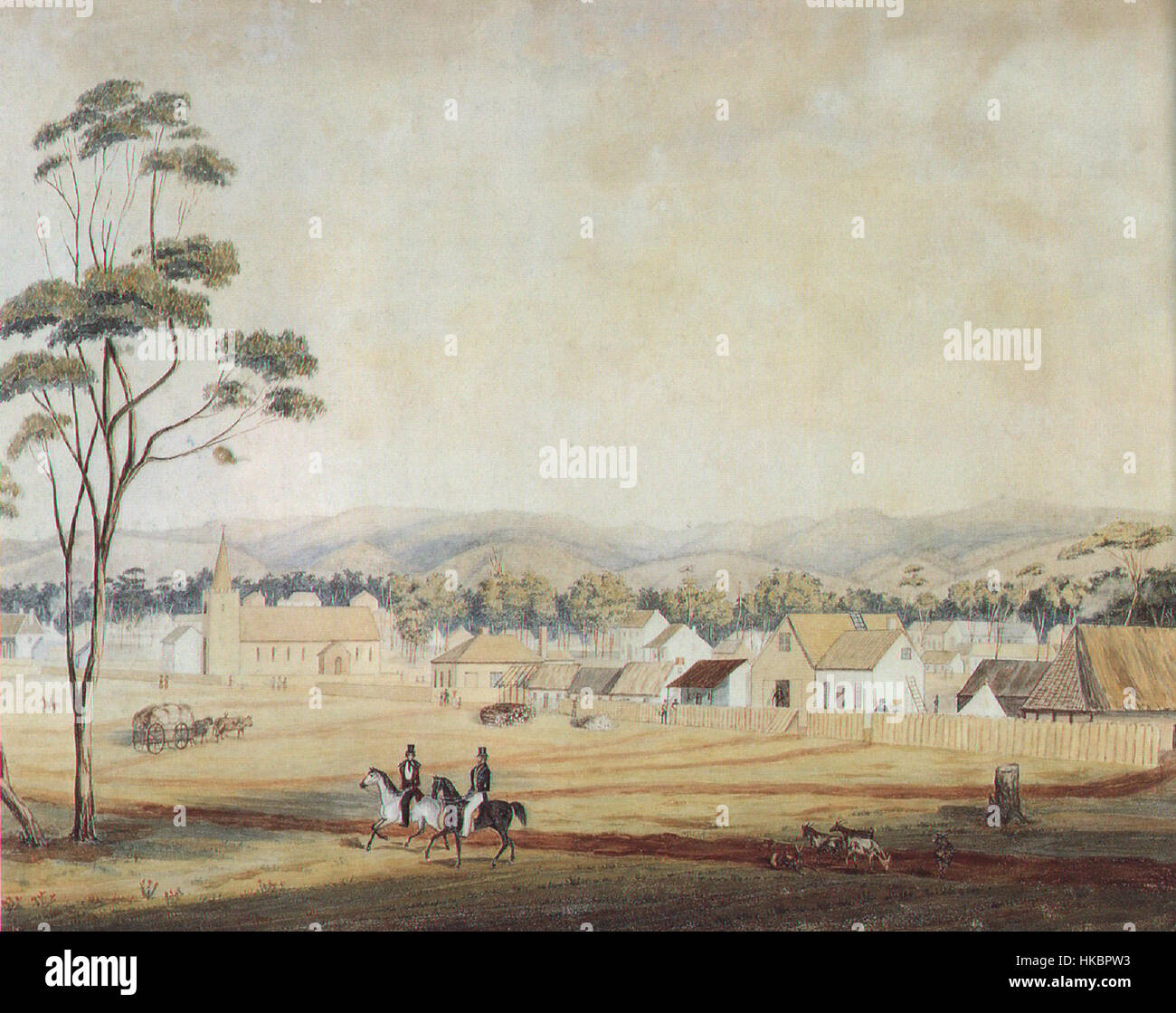 Questo dipinto del 1839 raffigura North Terrace ad Adelaide, Australia, che mostra l'architettura coloniale della zona. L'opera cattura il paesaggio storico, illustrando lo sviluppo di Adelaide durante i primi anni dell'insediamento europeo. Foto Stock