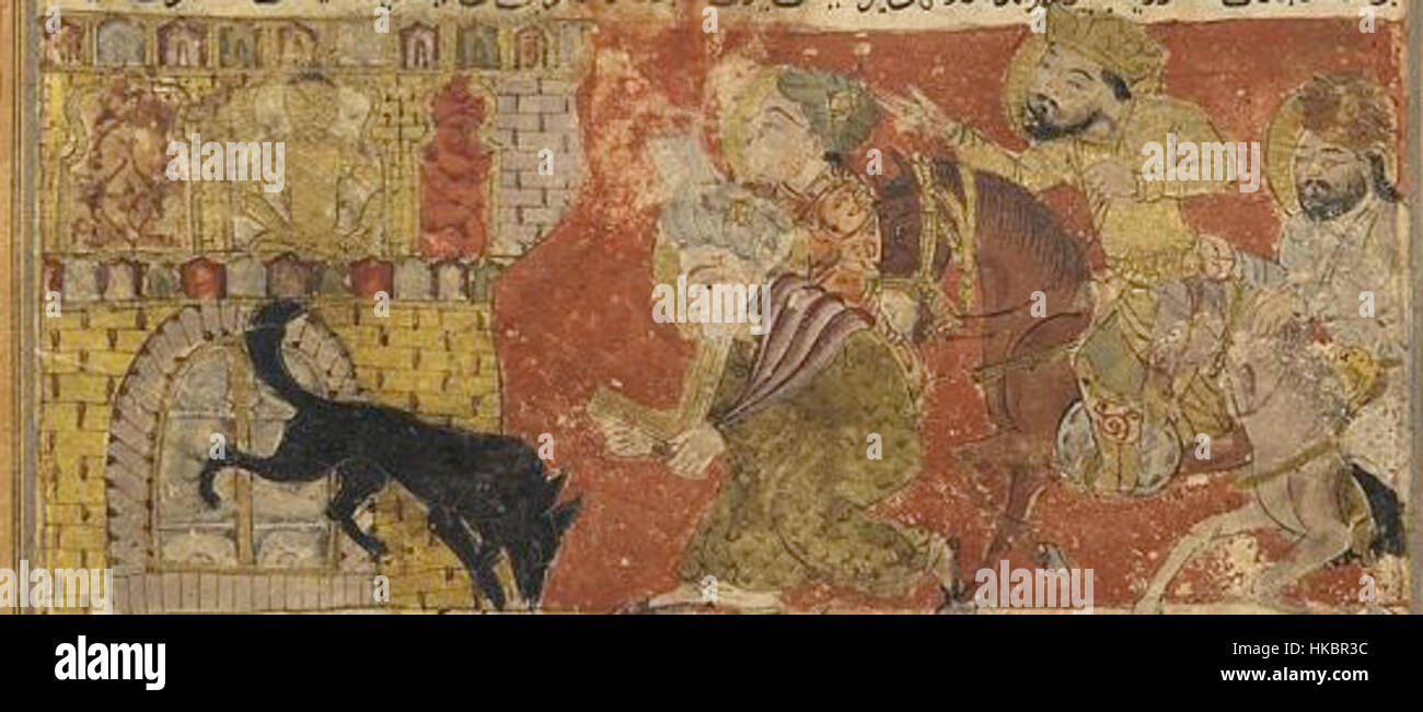 Questo dipinto di *Balami Tarikhnama* raffigura una scena mitica di un demone sotto forma di cane nero che lascia il tempio degli yemeniti. L'opera combina folclore e immagini simboliche per illustrare la lotta tra il bene e il male nelle antiche credenze mediorientali. Foto Stock