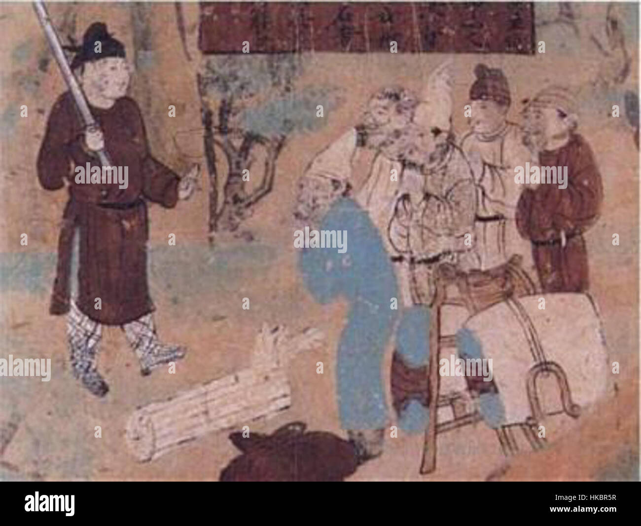 Questo dipinto, intitolato "Bandit Attack", raffigura una scena violenta e drammatica di banditi che attaccano un insediamento vulnerabile. L'artista cattura l'intensità e il caos del momento, evidenziando il tumulto e il pericolo dell'incontro. Foto Stock