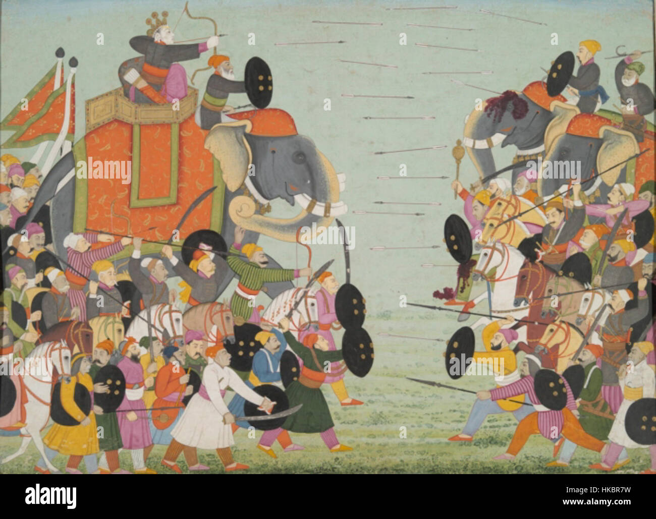 Questa illustrazione raffigura la leggendaria battaglia tra Balarama e Jarasandha della Bhagavata Purana. L'opera fa parte di una serie che narra eventi mitologici storici. Foto Stock