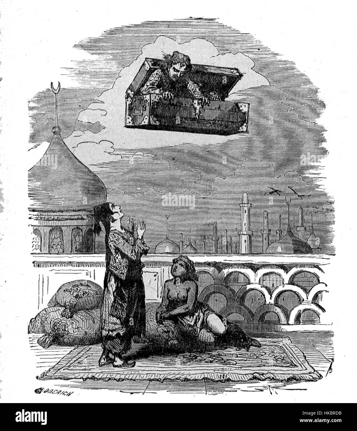 *Le Coffre Volant* (il petto volante) è un'illustrazione di Bertall, noto per il suo stile stravagante e satirico. Il pezzo è una rivisitazione giocosa dell'arte francese del XIX secolo e spesso esplora temi di fantasia e commento sociale attraverso immagini umoristiche. Foto Stock