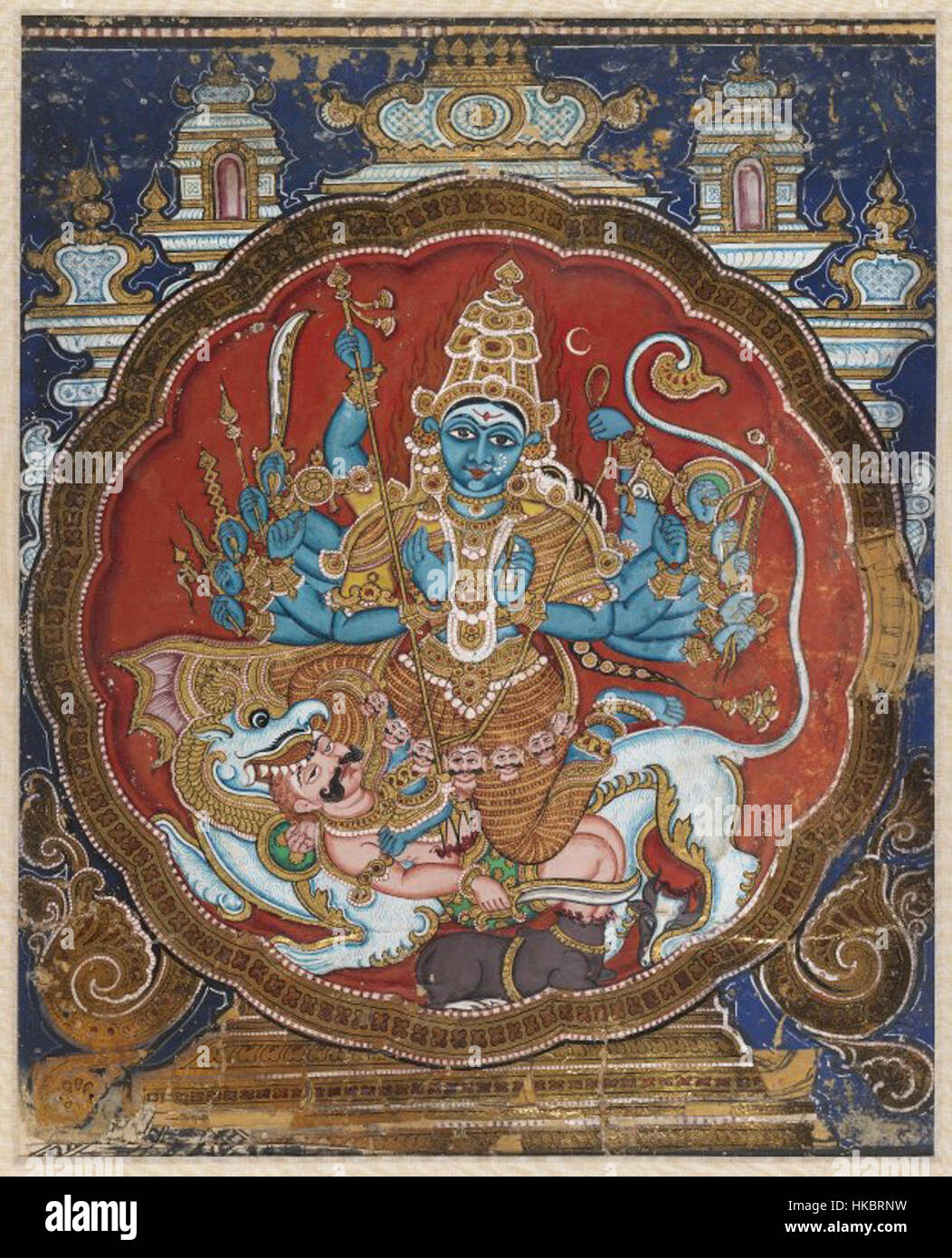 "Durga Killing the Buffalo Demon" è un'opera d'arte mitologica indù in mostra al Brooklyn Museum. Il dipinto raffigura la dea Durga che trionfa sul demone Mahishasura. Foto Stock