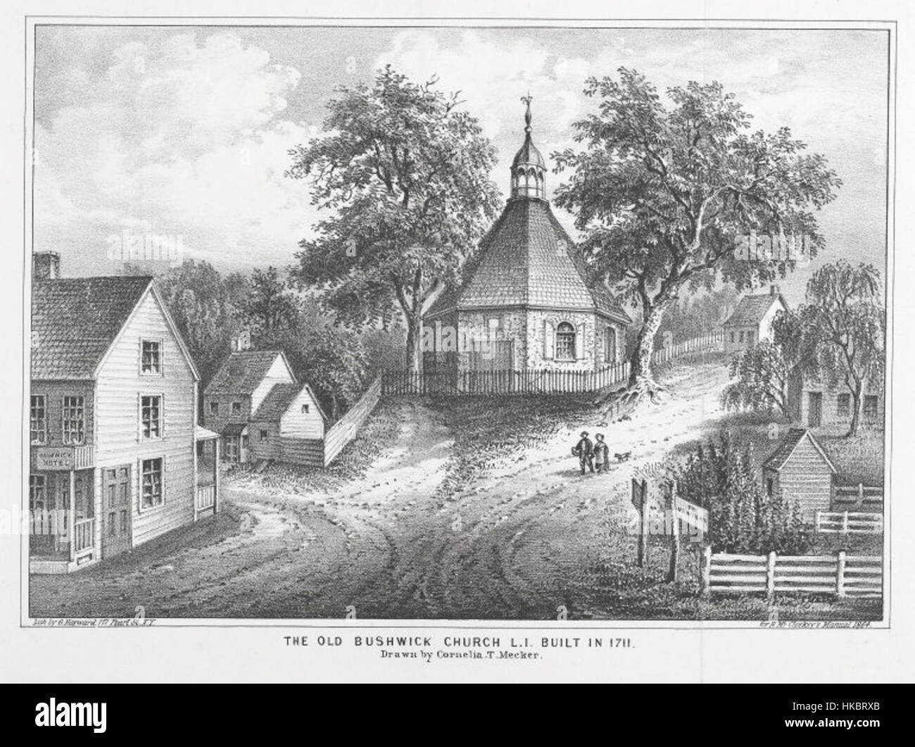 Questo dipinto del XIX secolo di G. Hayward cattura la Old Bushwick Church, situata a Long Island, New York, costruita nel 1711. Il dipinto illustra l'architettura storica della chiesa e il suo significato all'interno della comunità locale come centro di culto e congregazione. Foto Stock