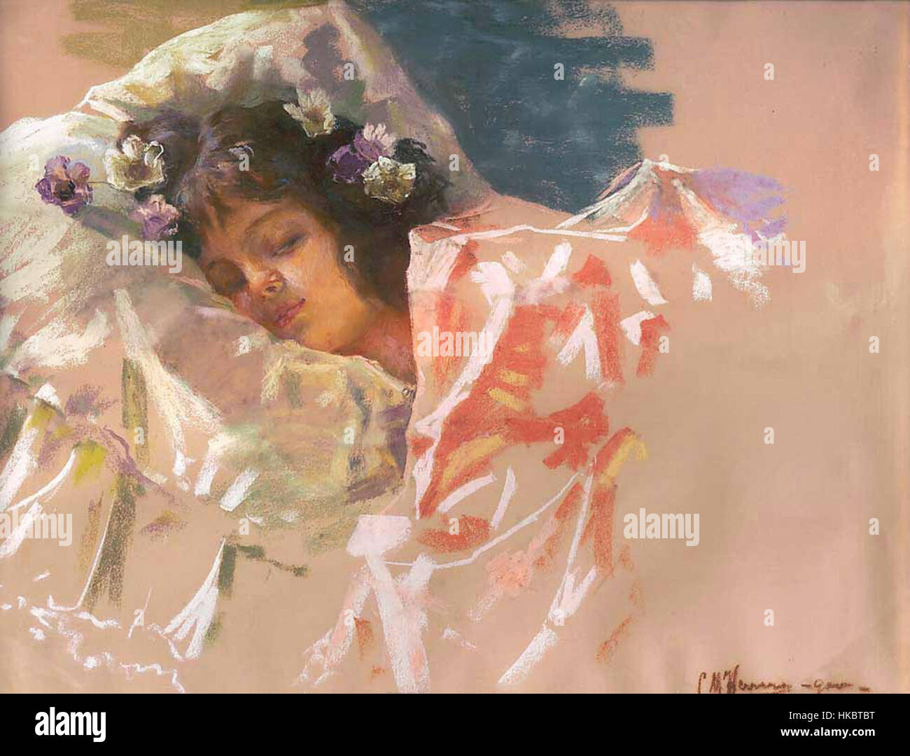 Il Descansando di Carlos Maria Herrera cattura un momento di riposo, evidenziando la natura pacifica e riflessiva del soggetto. Il pezzo riflette la capacità di Herrera di rappresentare emozioni umane e momenti di tranquillità attraverso i suoi pennellate morbide e dettagliate. Foto Stock