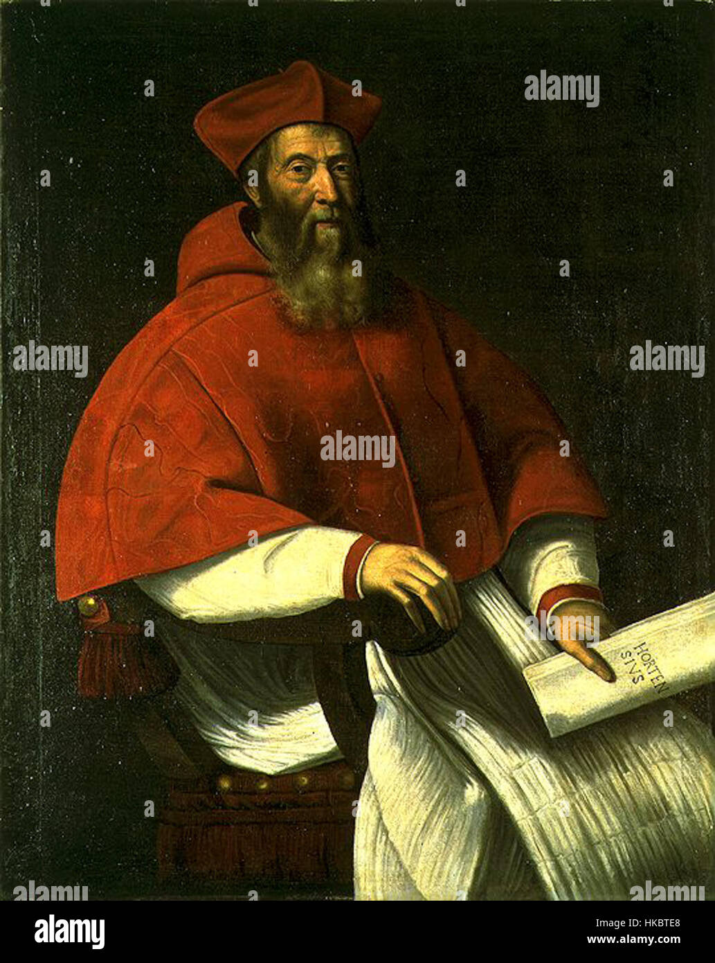 Questo ritratto del Cardinale Sadoleto, un importante teologo e cardinale italiano del XVI secolo, cattura la sua dignitosa apparenza. Noto per il suo ruolo influente nella Chiesa cattolica durante il Rinascimento, il dipinto mette in evidenza il clima religioso e intellettuale del periodo. Foto Stock