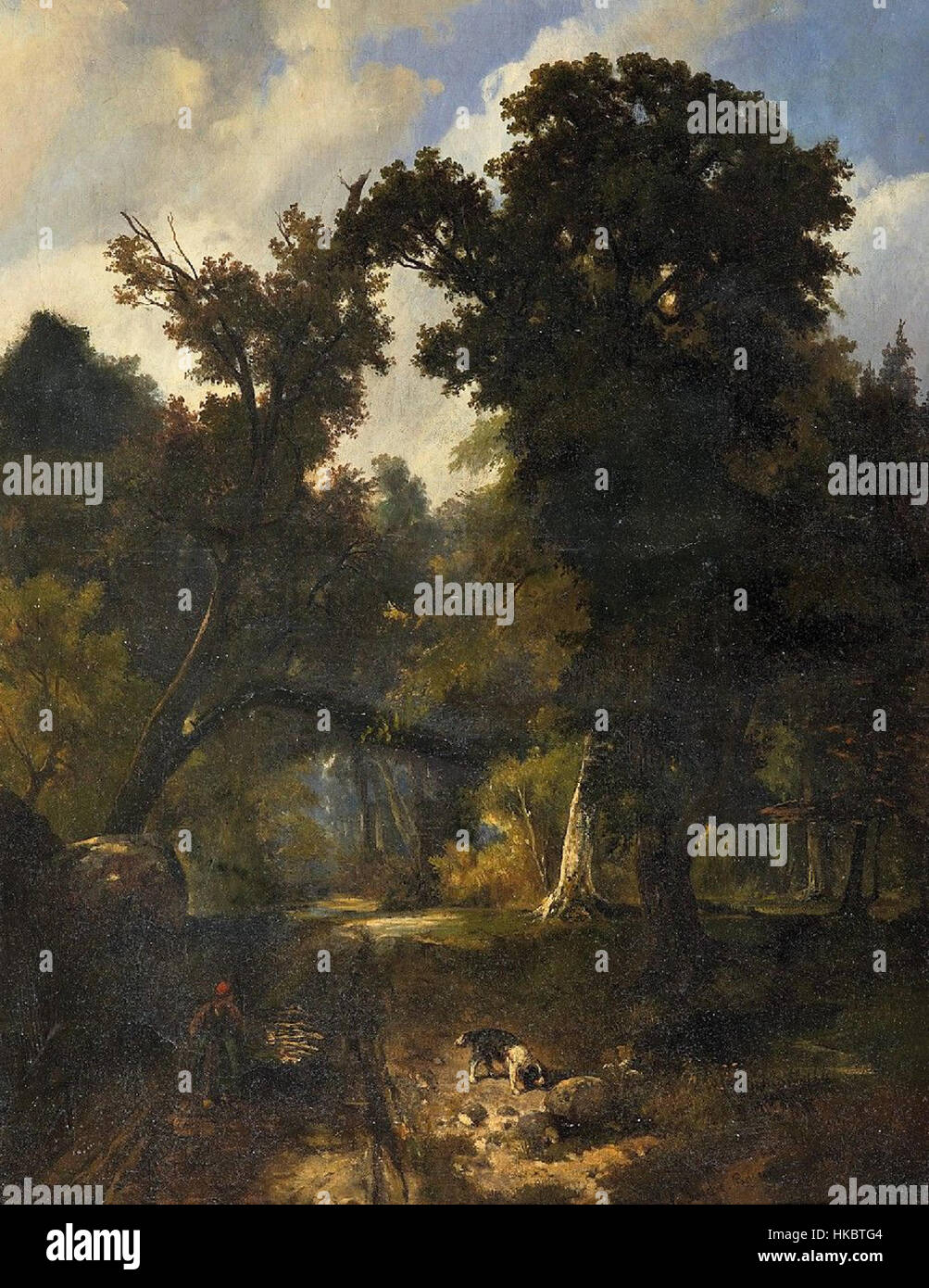 Il dipinto 'Im Wald von Fontainebleau' di Carl Toeche del 1843 cattura una tranquilla scena forestale dalla famosa foresta di Fontainebleau in Francia. La pittura ad olio è riconosciuta per il suo paesaggio atmosferico e la rappresentazione dettagliata della natura. Foto Stock