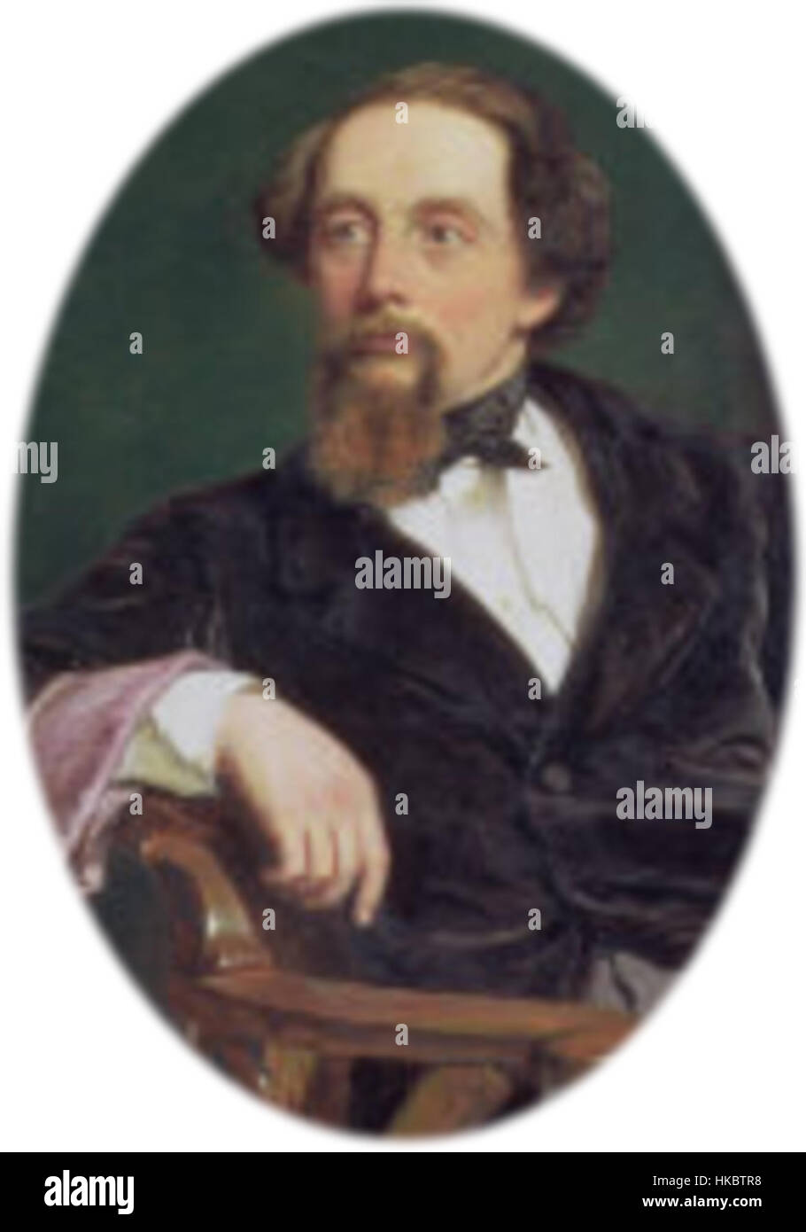 Questo ritratto ravvicinato di Charles Dickens cattura il famoso autore inglese con dettagli sorprendenti. Le sue caratteristiche facciali sono raffigurate con precisione, riflettendo la statura intellettuale e letteraria dell'autore. Foto Stock