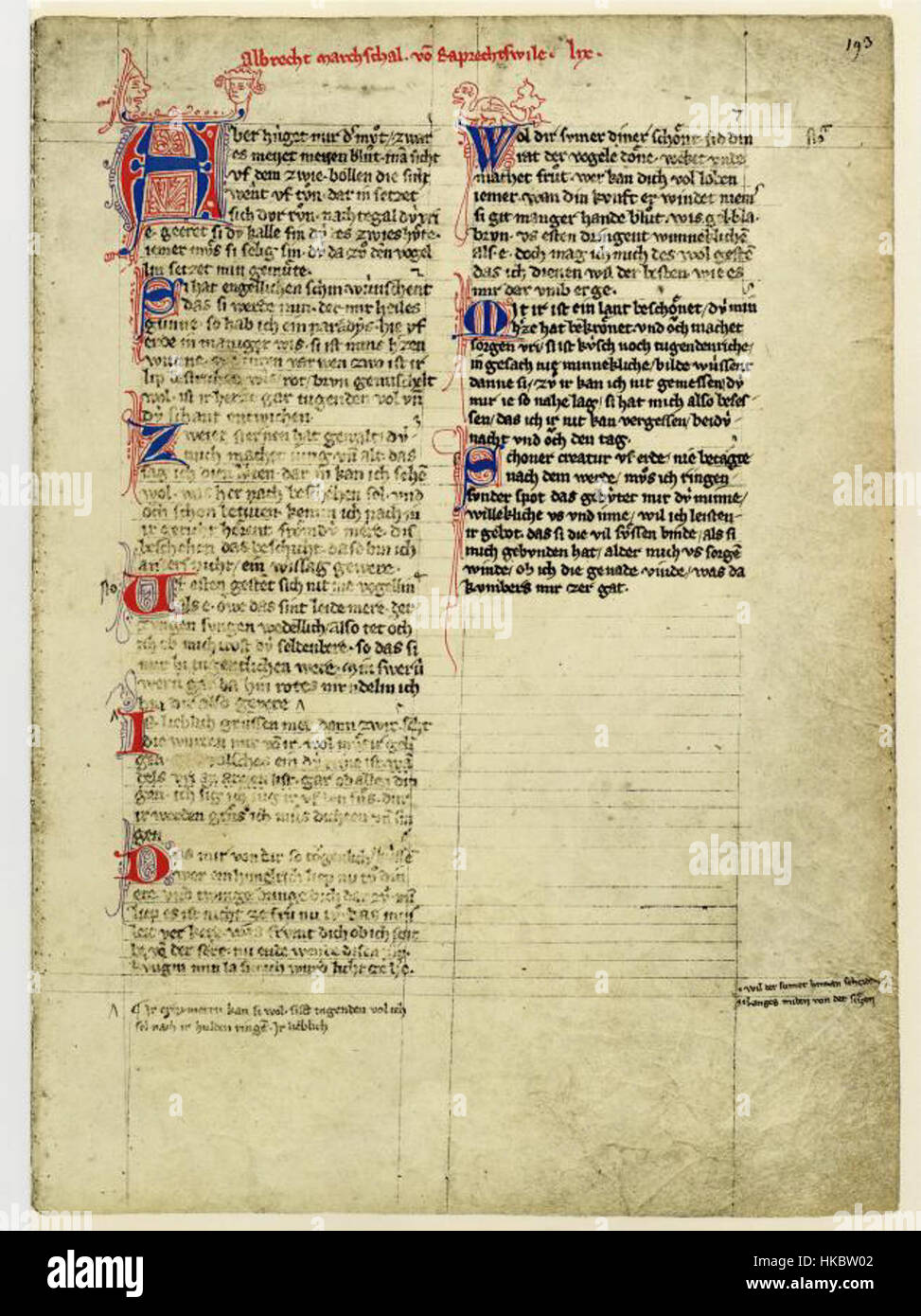 Il "Codex Manesse" è un manoscritto miniato con illustrazioni medievali. Il manoscritto include una raffigurazione di Albrecht von Rapperswil, che mostra le figure nobili dell'Europa medievale. Foto Stock