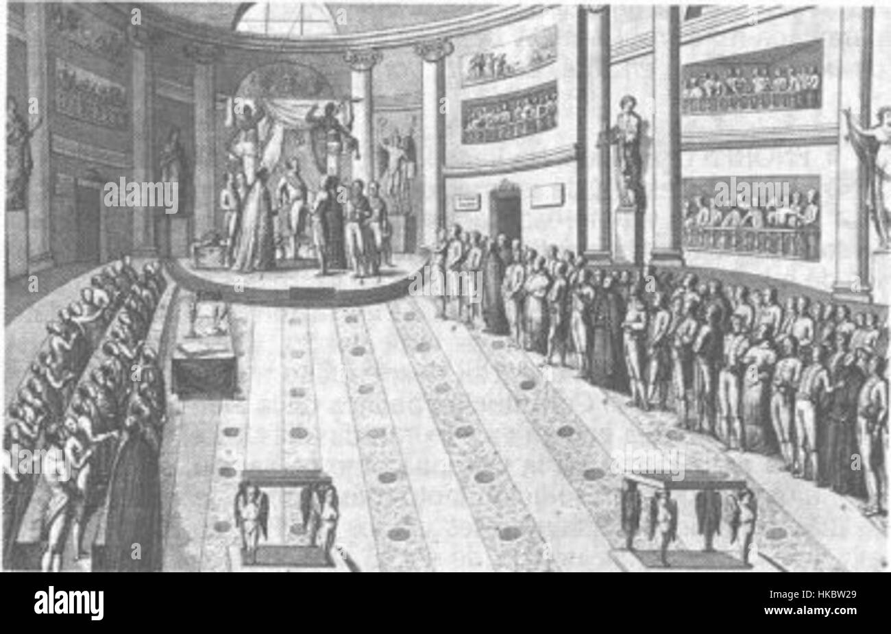 Questo dipinto rappresenta le Cortes del Trienio Liberale, un organo parlamentare in Spagna all'inizio del XIX secolo. Le Cortes giocarono un ruolo chiave nella Rivoluzione Liberale spagnola, approvando riforme e costituzione in risposta alle guerre napoleoniche e al movimento indipendentista spagnolo. Foto Stock