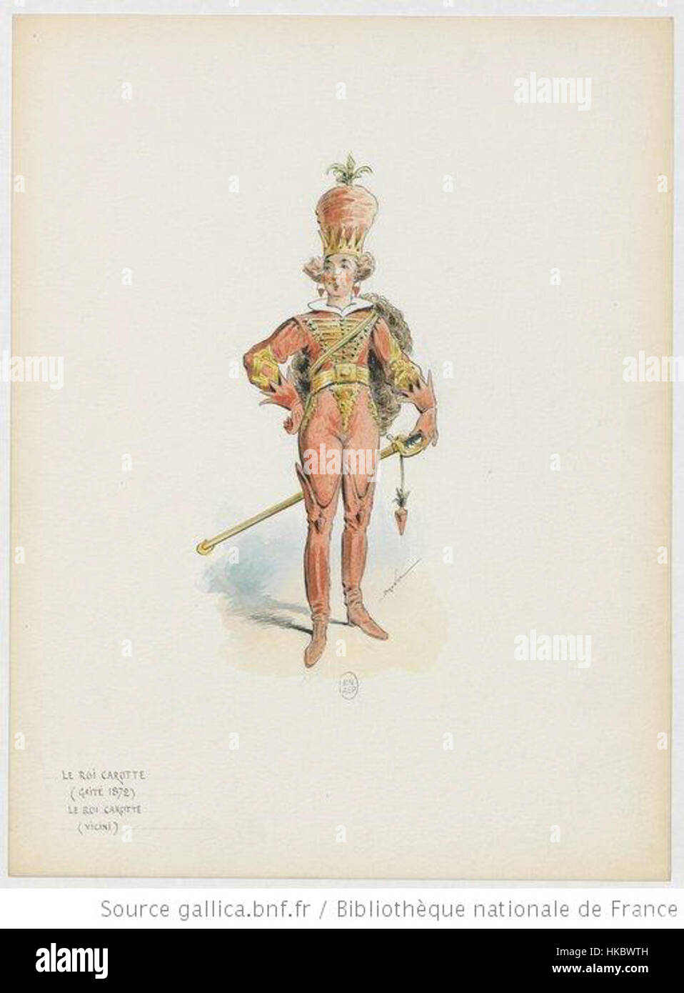 Un'opera d'arte del 1872 di Draner raffigurante il costume di King Carrot, parte di una serie comica che riflette la popolare arte satirica del tempo. L'illustrazione mostra dettagliati costumi d'epoca ed è un vibrante esempio di caricatura francese del XIX secolo. Foto Stock
