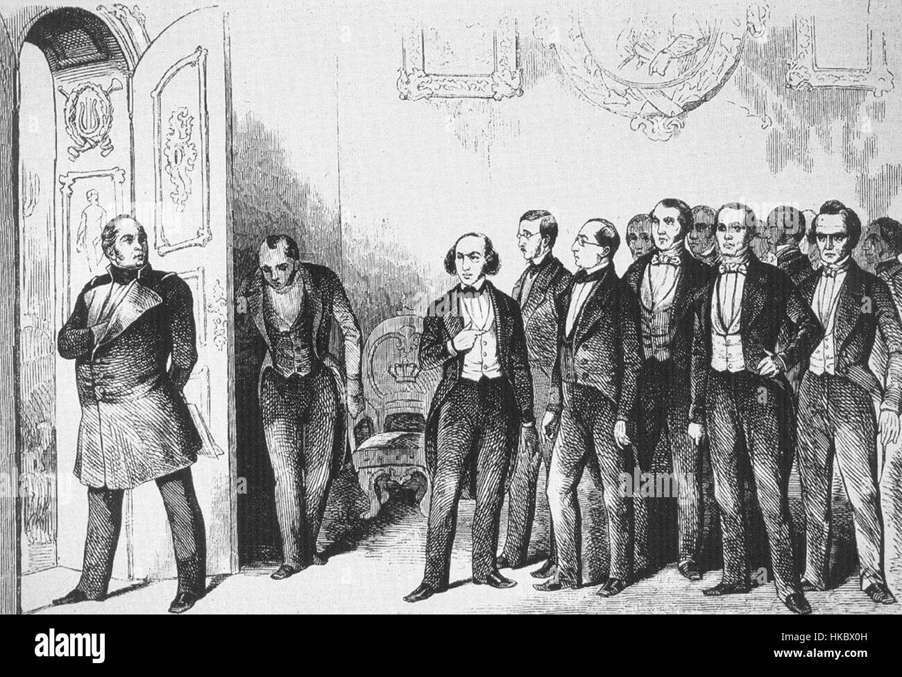 Questa opera d'arte esplora il rapporto tra il re Federico Guglielmo IV di Prussia e i Democratici durante un periodo di disordini politici nel XIX secolo. Il pezzo fornisce informazioni storiche sulle lotte politiche tedesche e sull'autorità reale. Foto Stock