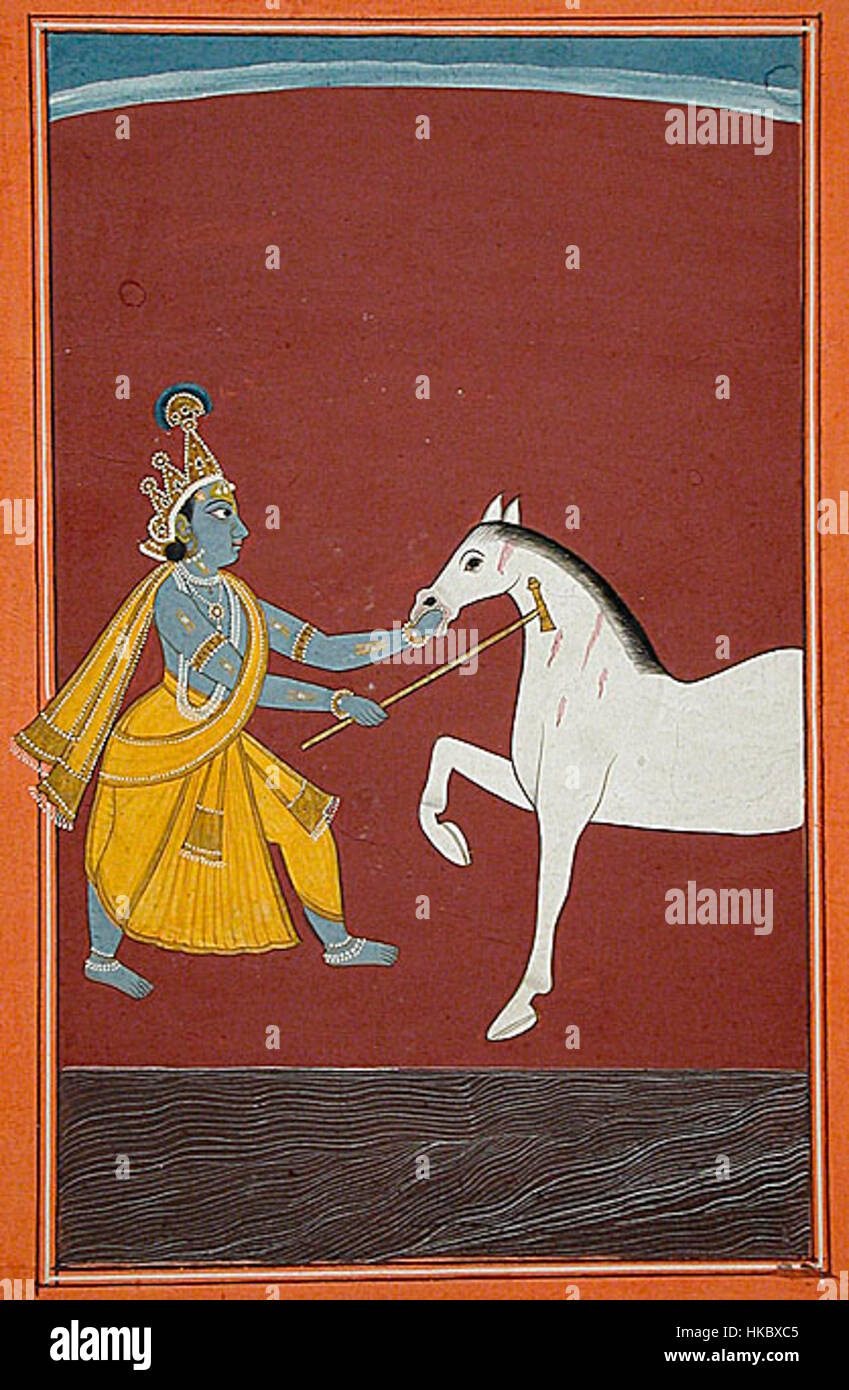 "Keshi Krishna" raffigura il leggendario dio indù Krishna che combatte il demone Keshi. Questa opera illustra un momento cruciale della mitologia indù, concentrandosi sulla forza divina e l'eroismo di Krishna mentre affronta il demone. Foto Stock