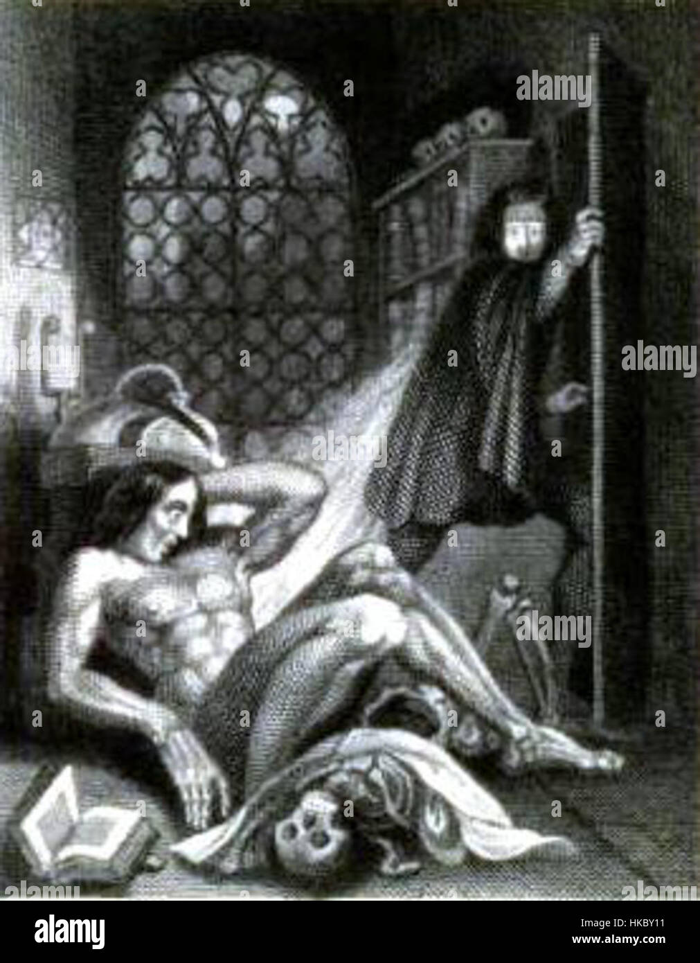 La copertina interna del 1831 per Frankenstein di Mary Shelley. L'illustrazione presenta una descrizione dettagliata dei temi e dei personaggi del romanzo, che racchiude gli aspetti gotici e tragici della storia. Foto Stock