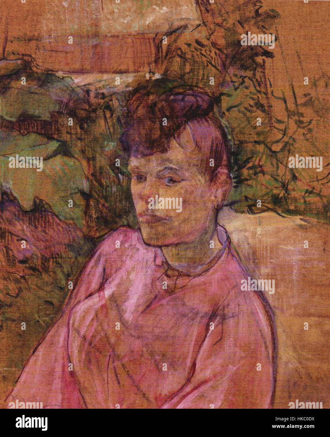 La "donna nel giardino della foresta di Monsieur" di Henri de Toulouse Lautrec cattura l'eleganza e l'intimità di una donna in un giardino. L'uso sapiente di colori e forme di Lautrec dà vita alla scena, enfatizzando il movimento e l'espressione. Foto Stock