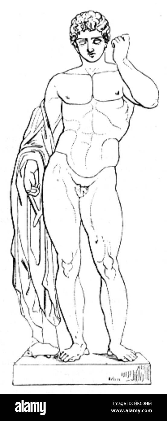 L'antico dio greco Hermes, raffigurato in questa opera d'arte, è il messaggero degli dei e il dio dei viaggiatori, dei ladri e del commercio. Conosciuto per i suoi sandali alati e il caduceo, Hermes rappresenta velocità, comunicazione e movimento. Foto Stock