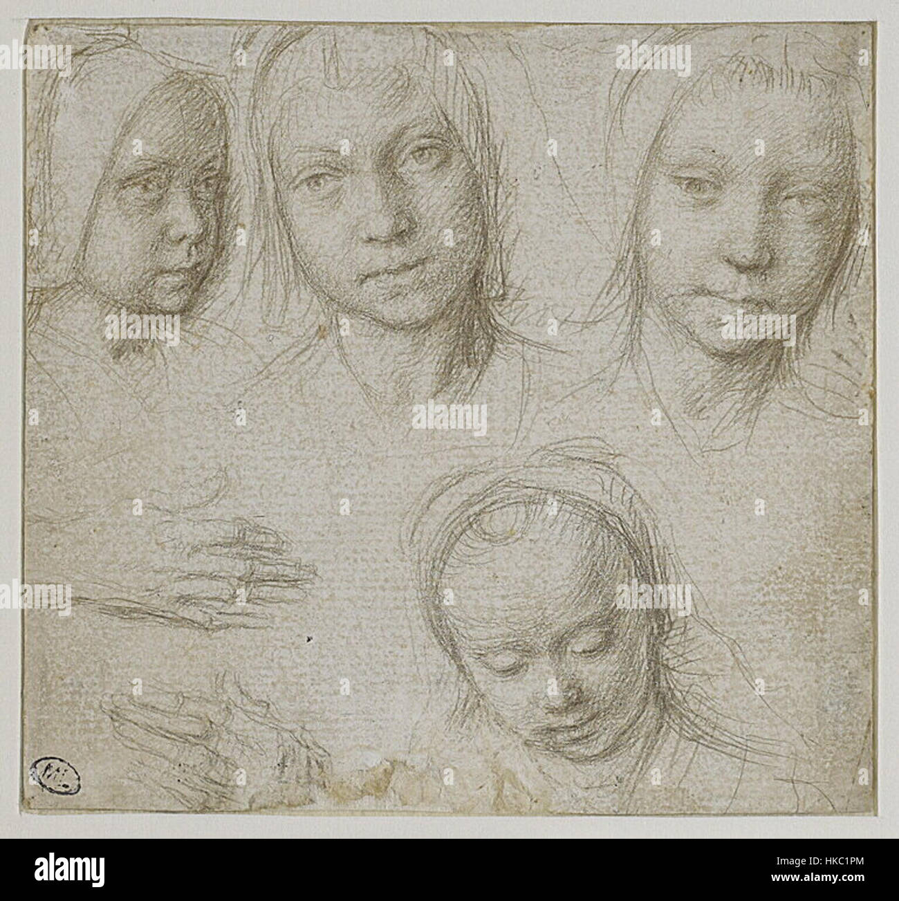 Questo disegno di Gerard David, ospitato al Louvre, presenta quattro teste femminili e due mani, che mostrano l'abilità dell'artista nel disegno delle figure e la sua attenzione ai dettagli nel ritrarre le caratteristiche umane. Foto Stock