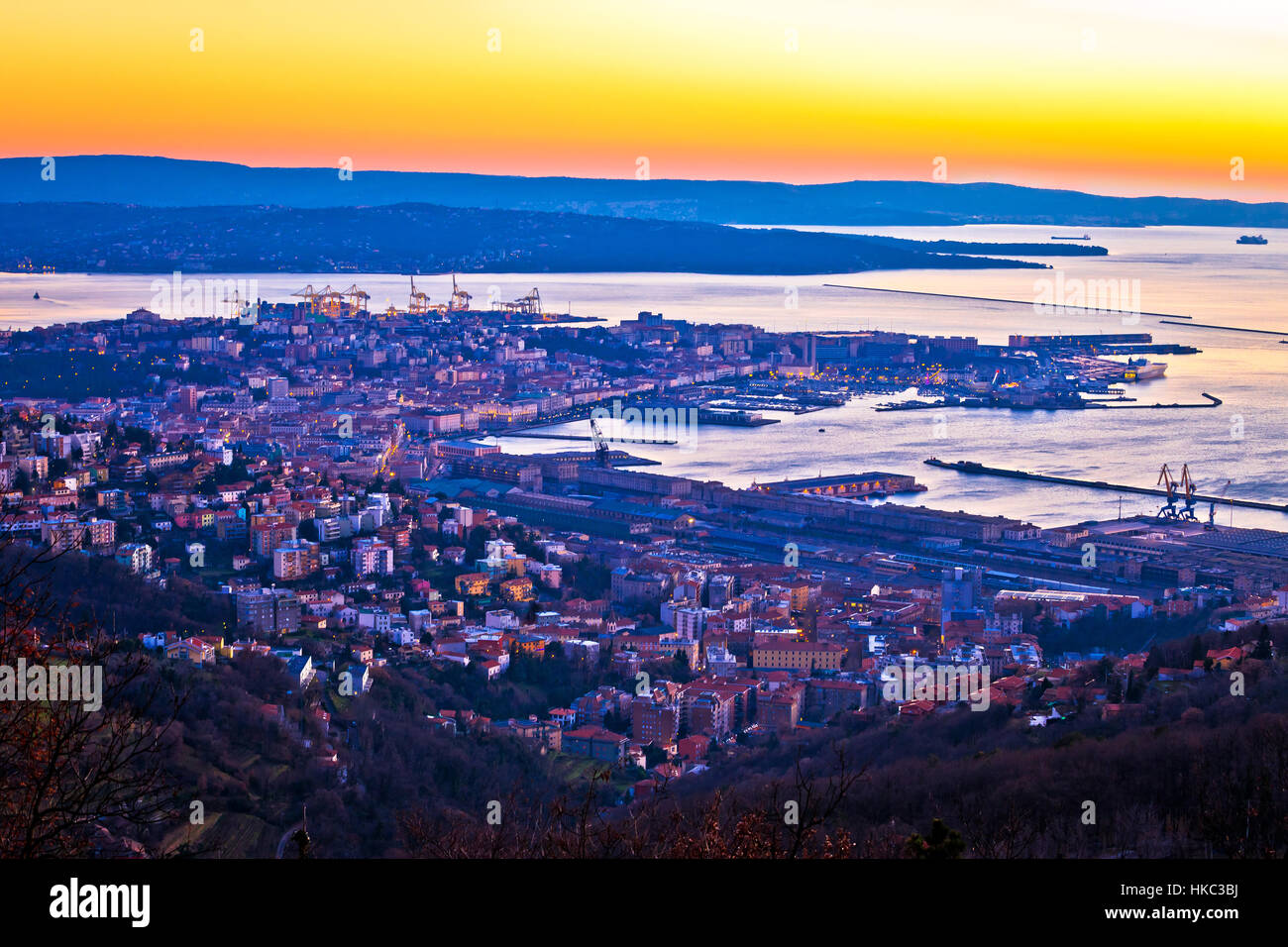 Antenna vista serale di Trieste, capitale della Regione Friuli Venezia Giulia in Italia Foto Stock