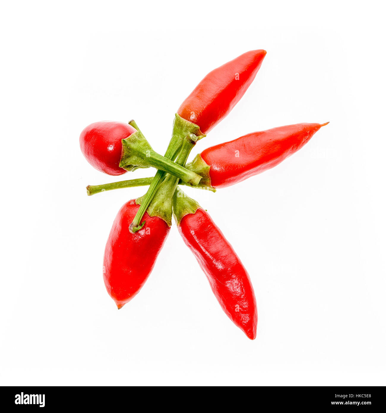 Multible diversi Red Hot Chili Peppers Cayenne, serrano con stelo verde. Cayenne, Serrano o siciliana di varietà di peperoncino. Studio immagine isolata su wh Foto Stock