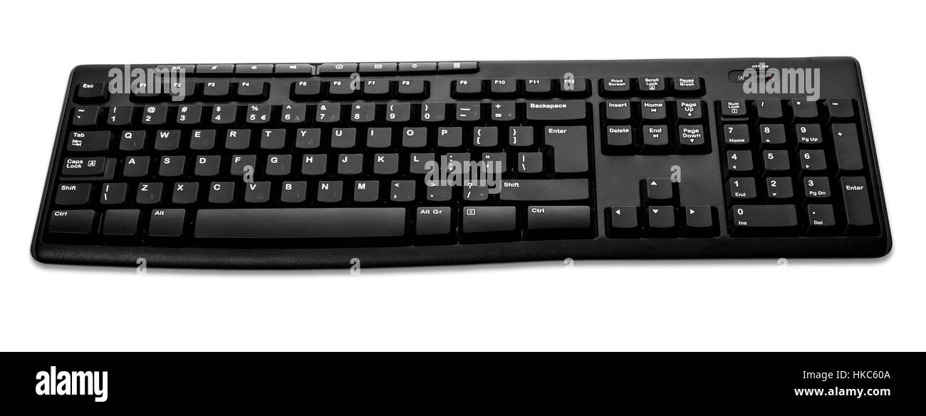 Vista frontale od black computer wireless multimediakeyboard isolati su sfondo bianco. Strumento elettronico per l'utente di controllo di ingresso con il calcolatore indu Foto Stock