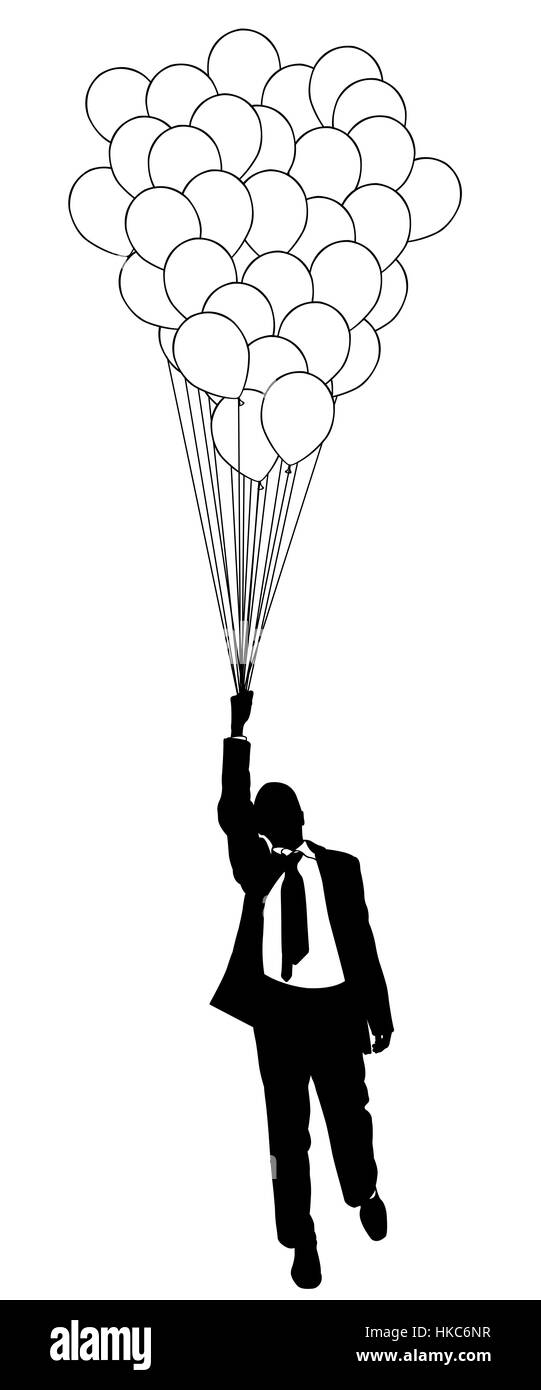 Illustrazione dell'uomo a volare con palloncini isolato Foto Stock