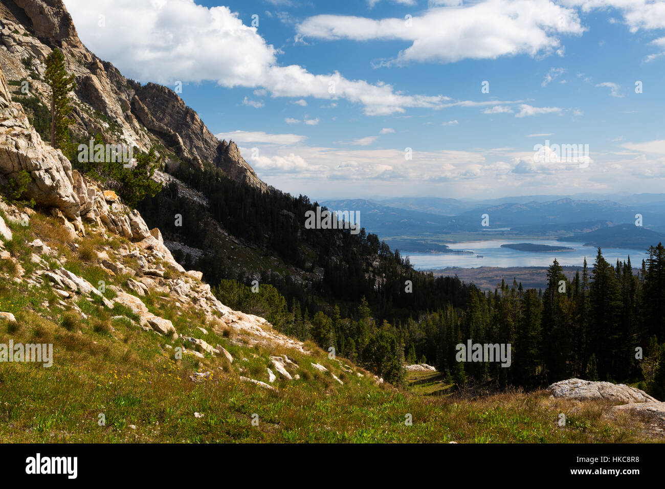 Il lago Jackson e il nord Jackson Hole decisamente al di sotto delle altitudini più elevate del pennello Canyon nel Teton Mountains. Il Parco Nazionale del Grand Teton, Wyoming Foto Stock