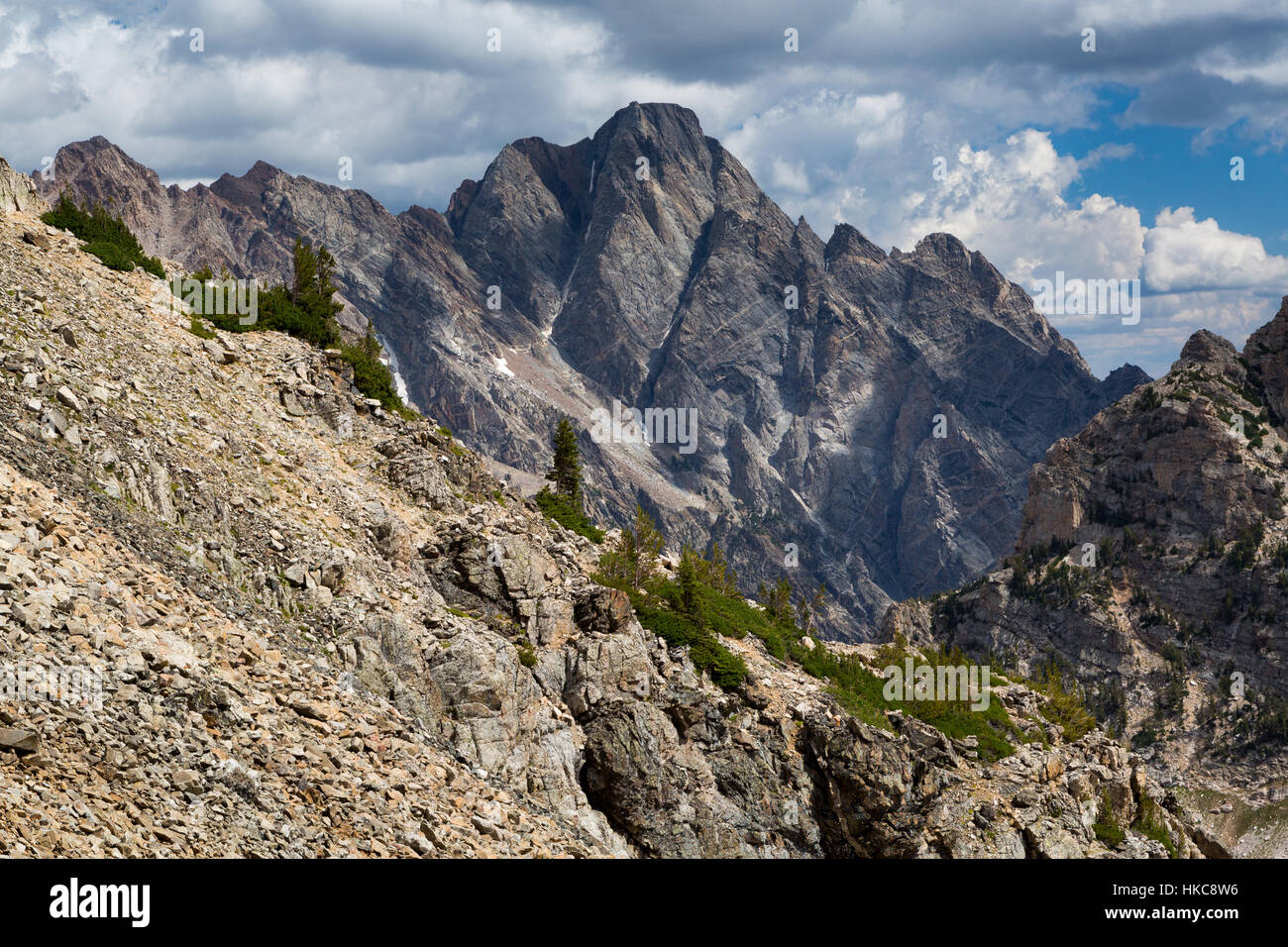 Montare Moran torreggianti sopra vicino terreno alpino e ghiaioni campi nei pressi del pennello dividere del Teton Mountains. Il Parco Nazionale del Grand Teton, Wyomin Foto Stock