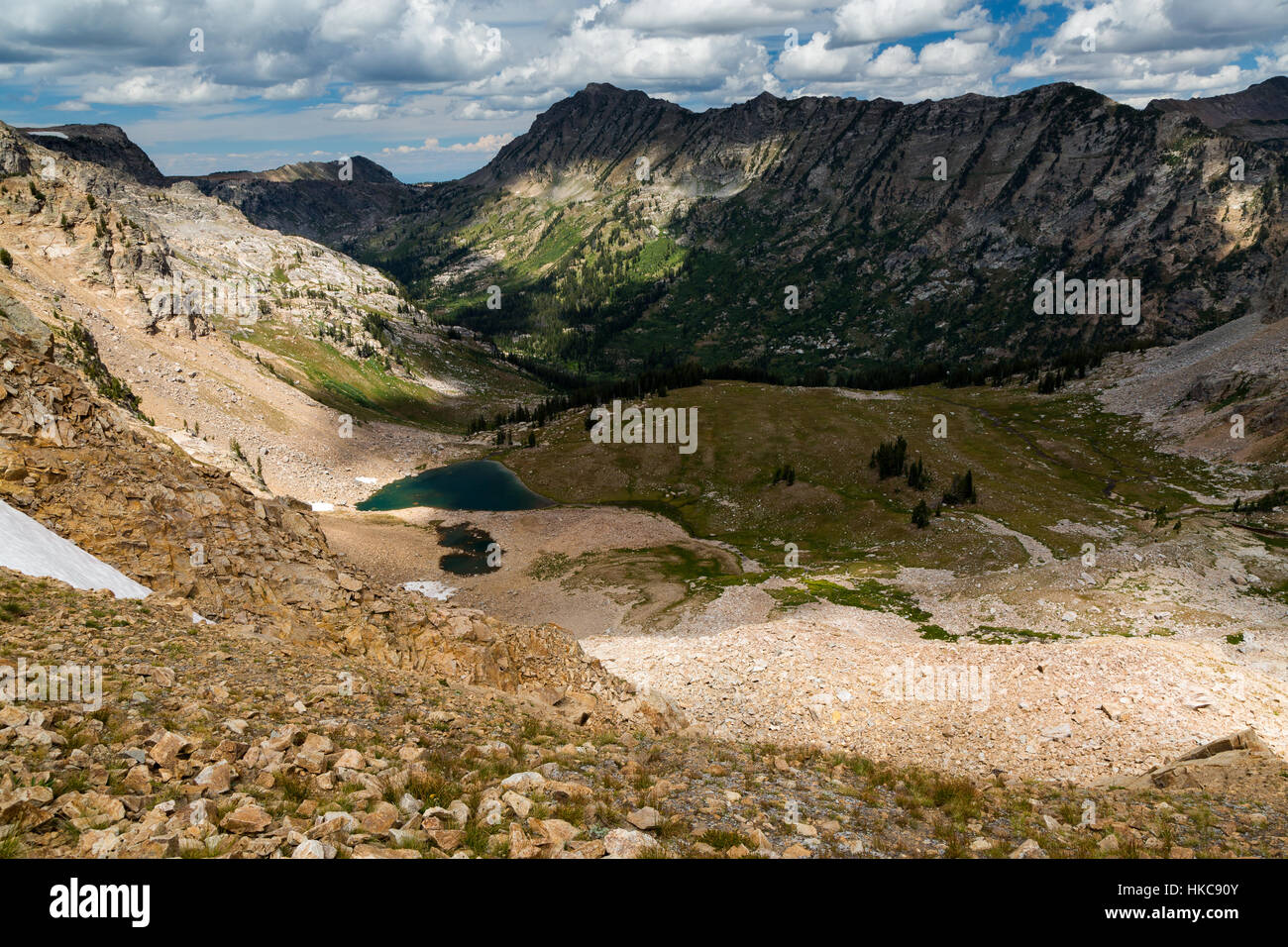 Maidenform torreggiante picco al di sopra del piano superiore raggiunge di Leigh Canyon. Il Parco Nazionale del Grand Teton, Wyoming Foto Stock