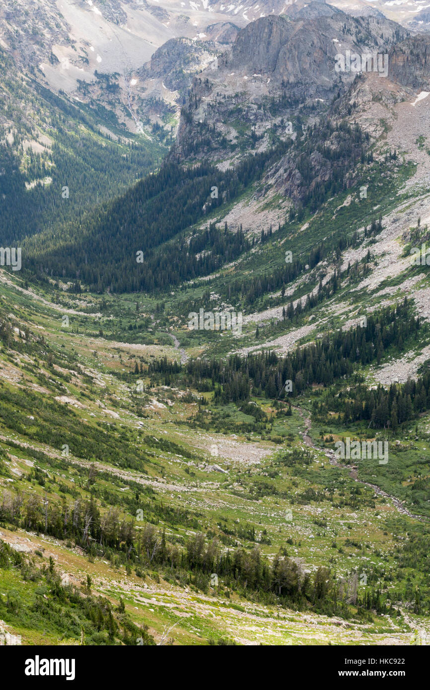 Forcella del Nord di Cascade Canyon scendendo verso la sua giunzione con cascata Canyon nel Teton Mountains. Il Parco Nazionale del Grand Teton, Wyoming Foto Stock