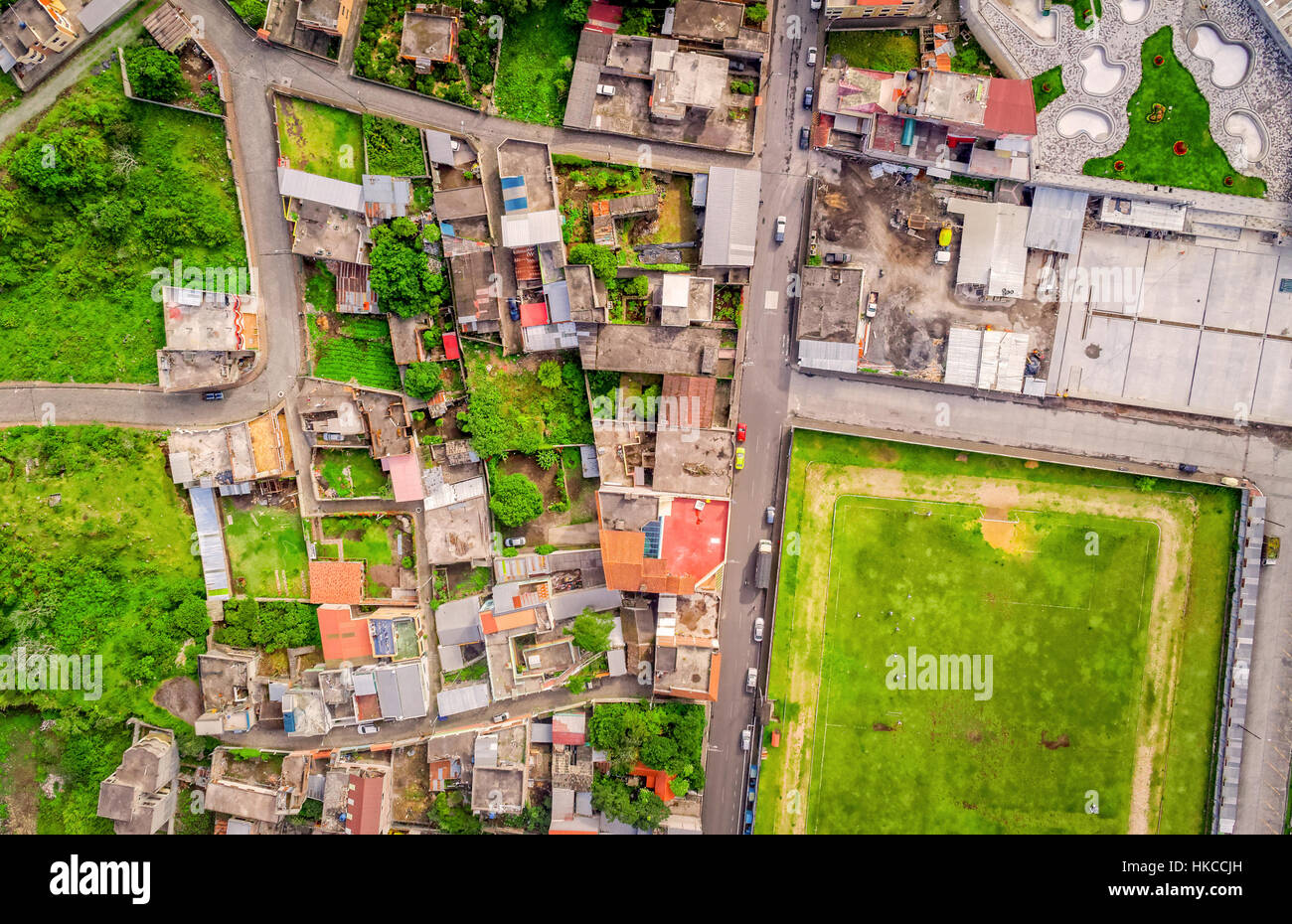 Riprese aeree delle piccole città in altipiani andini, Banos de Agua Santa, provincia di Tungurahua, Sud America Foto Stock