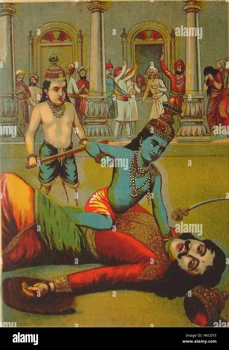 "Krishna uccide Kansa" è una rappresentazione della vittoria del dio indù Krishna sul re demoniaco Kansa, simboleggiando il trionfo del bene sul male. Le opere d'arte mostrano l'arte e la mitologia tradizionali indiane. Foto Stock
