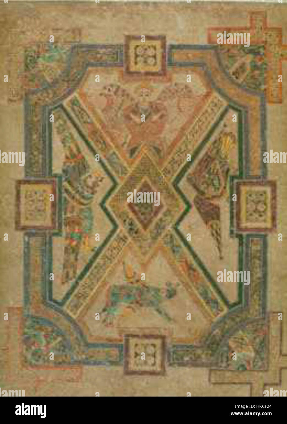 Questo manoscritto miniato, Kells Folio 290v4, mostra intricati simboli evangelisti, parte del Libro di Kells, un capolavoro dell'arte celtica e dell'illuminazione medievale dei manoscritti. Foto Stock