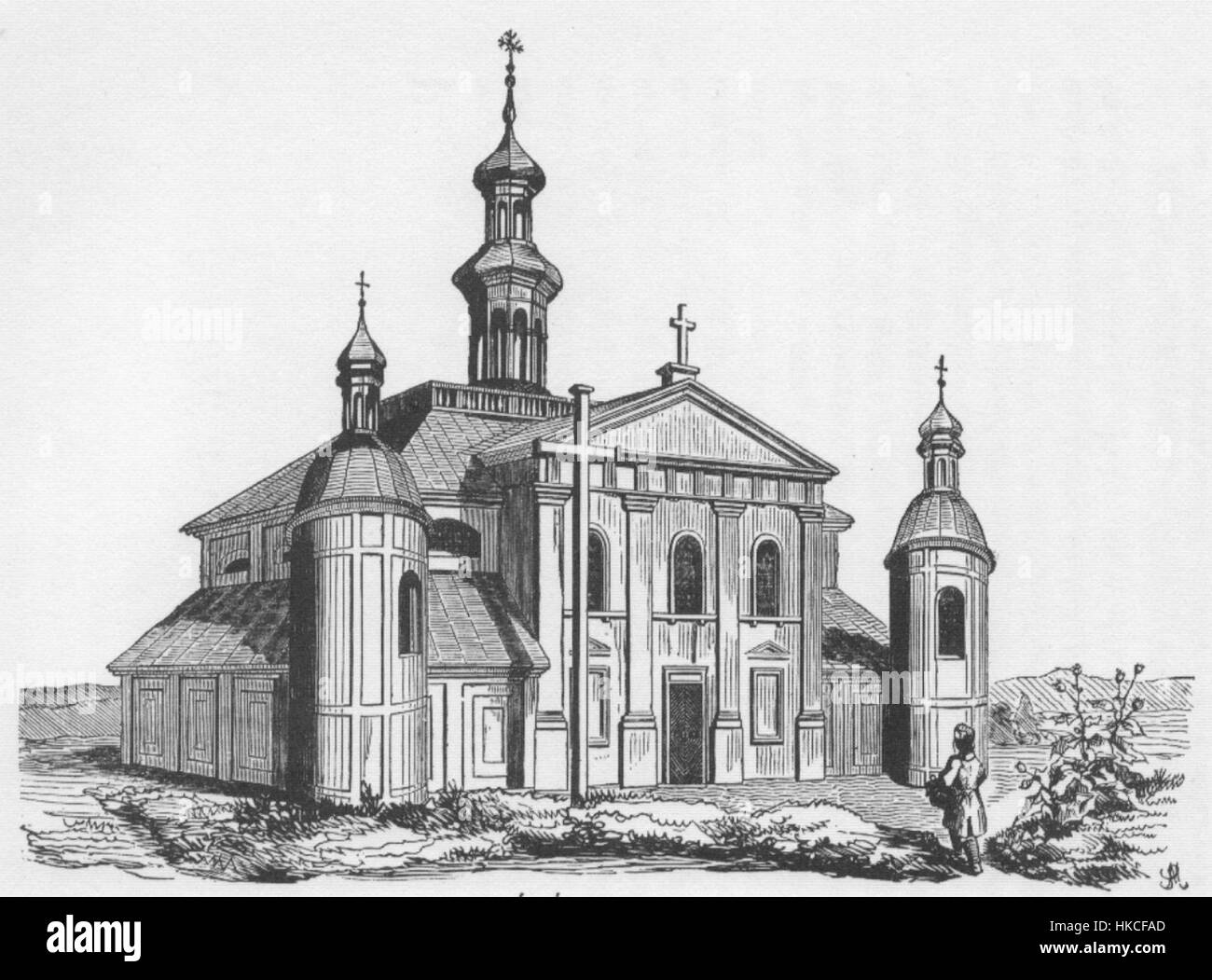 Questa opera d'arte, intitolata "Kosciol MBLoret", raffigura la Chiesa di nostra Signora di Loreto, un importante sito religioso. Il dipinto illustra l'architettura della chiesa e la sua importanza storica in contesti religiosi. Foto Stock