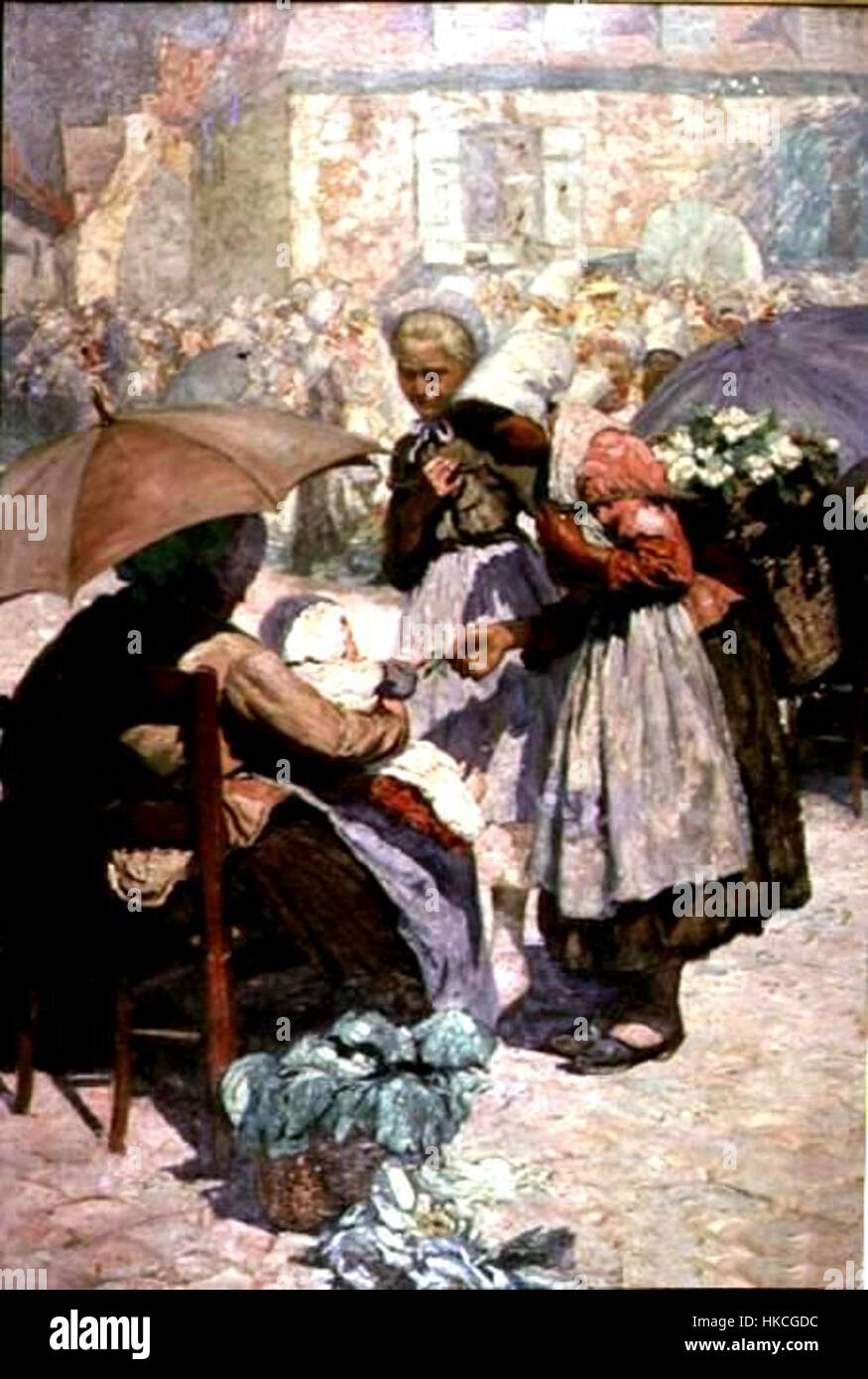 Questo dipinto, intitolato "Market Day Etaples", raffigura una vivace scena di mercato a Etaples, in Francia. L'opera mette in mostra la vibrante cultura e la vita quotidiana in un villaggio francese, sottolineando l'interazione tra contadini, commercianti e cittadini all'inizio del XX secolo. L'artista, William Yates, cattura sapientemente l'atmosfera tradizionale di un mercato francese utilizzando olio su tela. Foto Stock