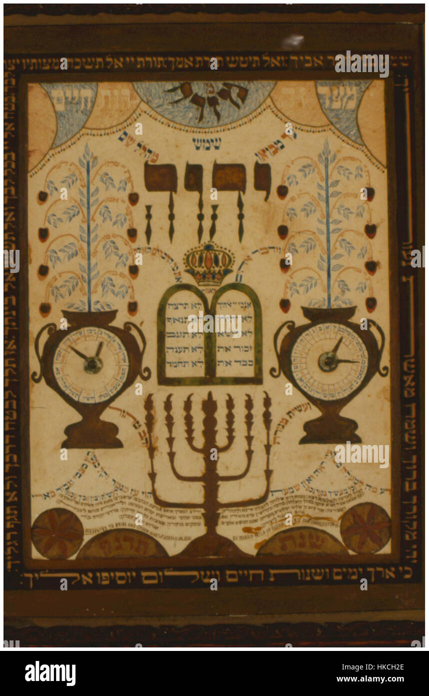 La Mizrah Shiviti è un'opera d'arte ebraica tradizionale, spesso esposta in case o sinagoghe. Combina testo ebraico, motivi geometrici e immagini simboliche, tipicamente centrate sul versetto dei Salmi, "possa la sua presenza dimorare in mezzo a noi". Questo pezzo riflette la connessione spirituale e il patrimonio artistico della cultura ebraica. Foto Stock