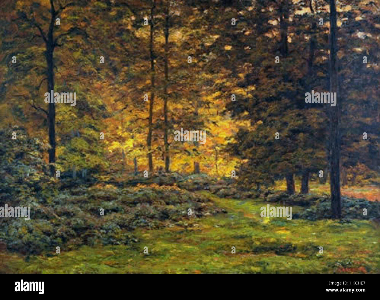 "Sous bois au pré Catelan" di Narcisse Ancelme, dipinto nel 1910, raffigura una tranquilla scena forestale. Il pezzo cattura l'atmosfera tranquilla dei boschi francesi, mettendo in risalto l'ambiente naturale e l'interazione di luce tra gli alberi. Foto Stock