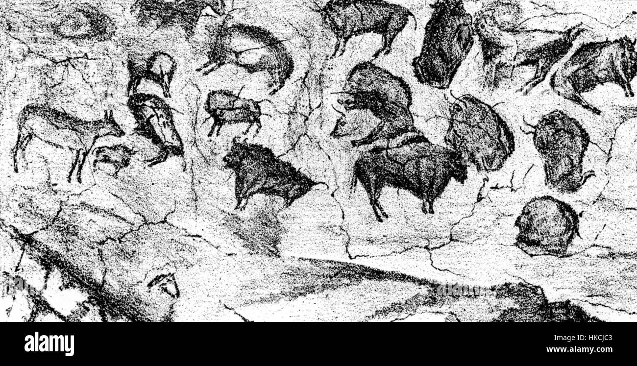Le pitture rupestri di Altamira, scoperte nel 1880 in Cantabria, Spagna, sono rinomate per la loro arte rupestre del Paleolitico superiore, risalente a circa 36.000 anni fa. Questi dipinti policromi raffigurano bisonti, cavalli e impronte delle mani, mostrando la prima capacità umana di espressione artistica. Foto Stock