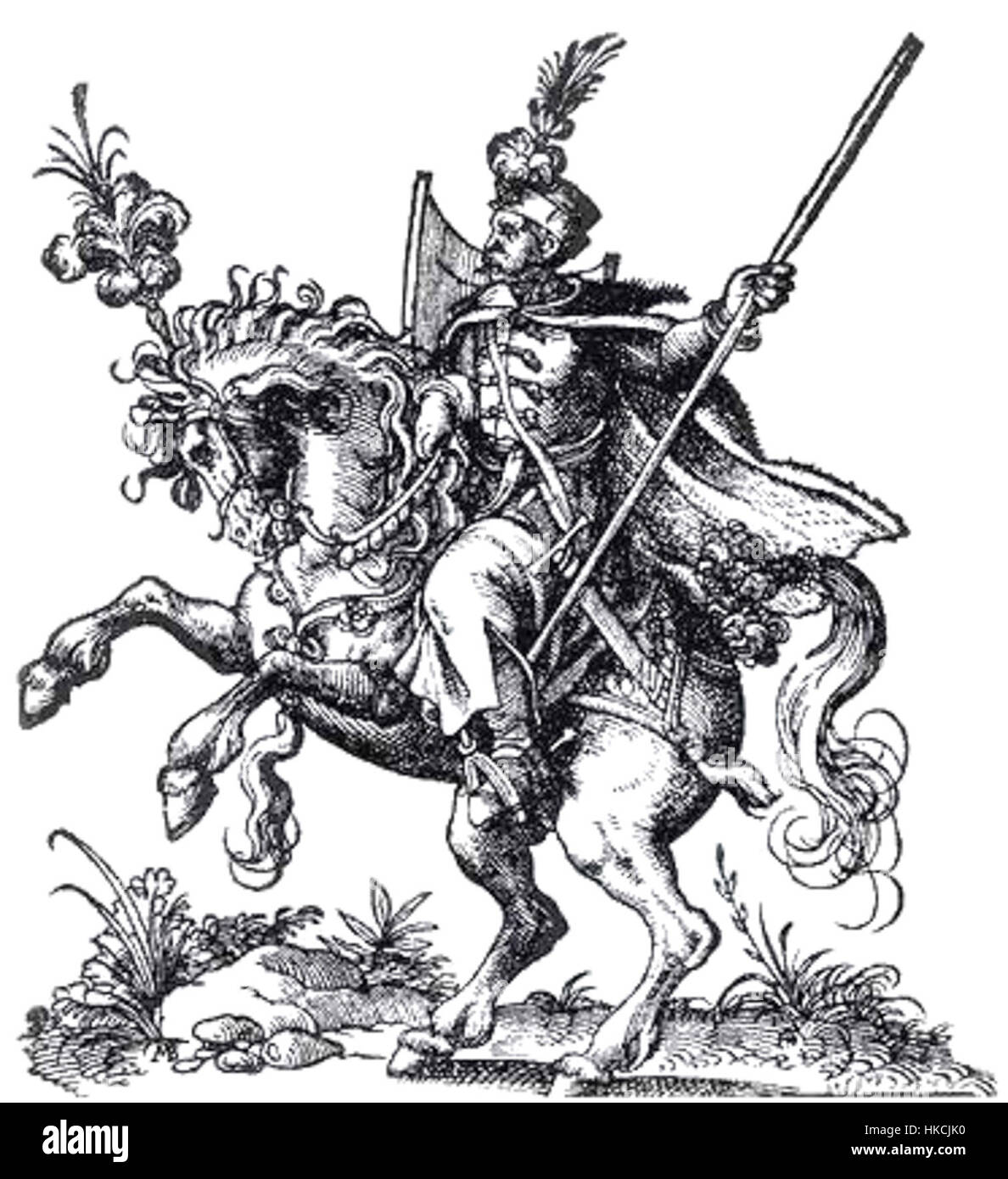 Questa opera raffigura un ussaro polacco della prima metà del XVI secolo. L'ussaro è mostrato con equipaggiamento da battaglia completo, riflettendo le caratteristiche distintive di armatura e armi di questa unità di cavalleria d'élite della Polonia durante il Rinascimento. Foto Stock