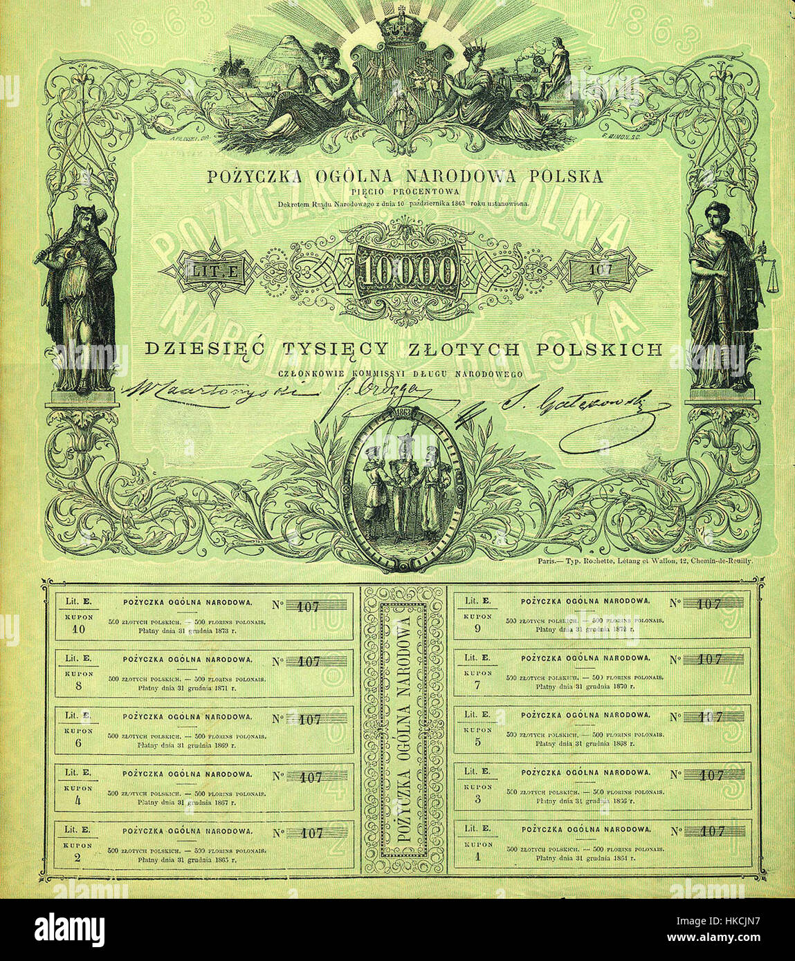 Il prestito nazionale polacco fu uno sforzo finanziario per sostenere la rivolta di gennaio del 1863, una lotta armata contro la dominazione russa. L'opera d'arte che raffigura questo evento mette in luce lo sforzo nazionale per resistere all'oppressione e affermare l'indipendenza. Foto Stock