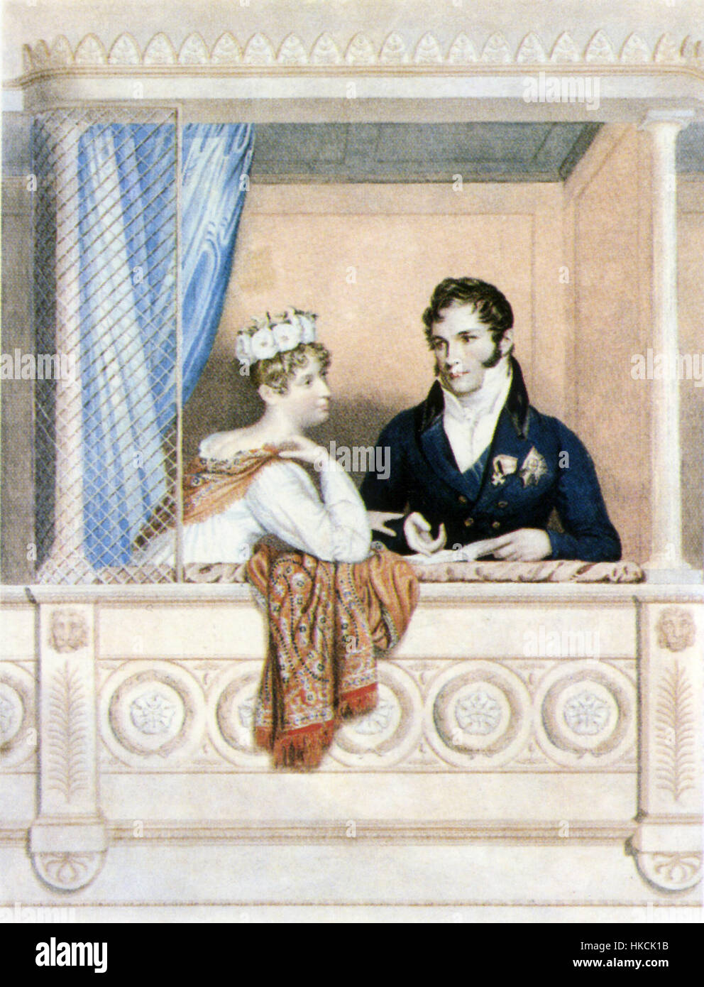 Questo dipinto, basato su un precedente ritratto di George Dawe, raffigura la principessa Charlotte Augusta del Galles con Leopoldo I. il pezzo mostra l'eleganza e la statura reale di queste due figure storiche all'inizio del XIX secolo. Foto Stock