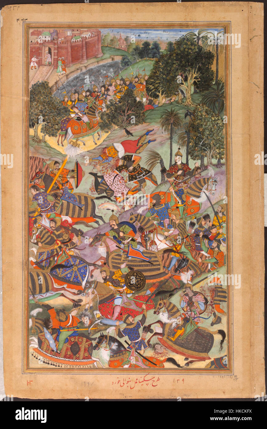 1573 La battaglia tra l'esercito imperiale e Muhammad Husain Mirza vicino Ahmadabad Akbarnama Foto Stock